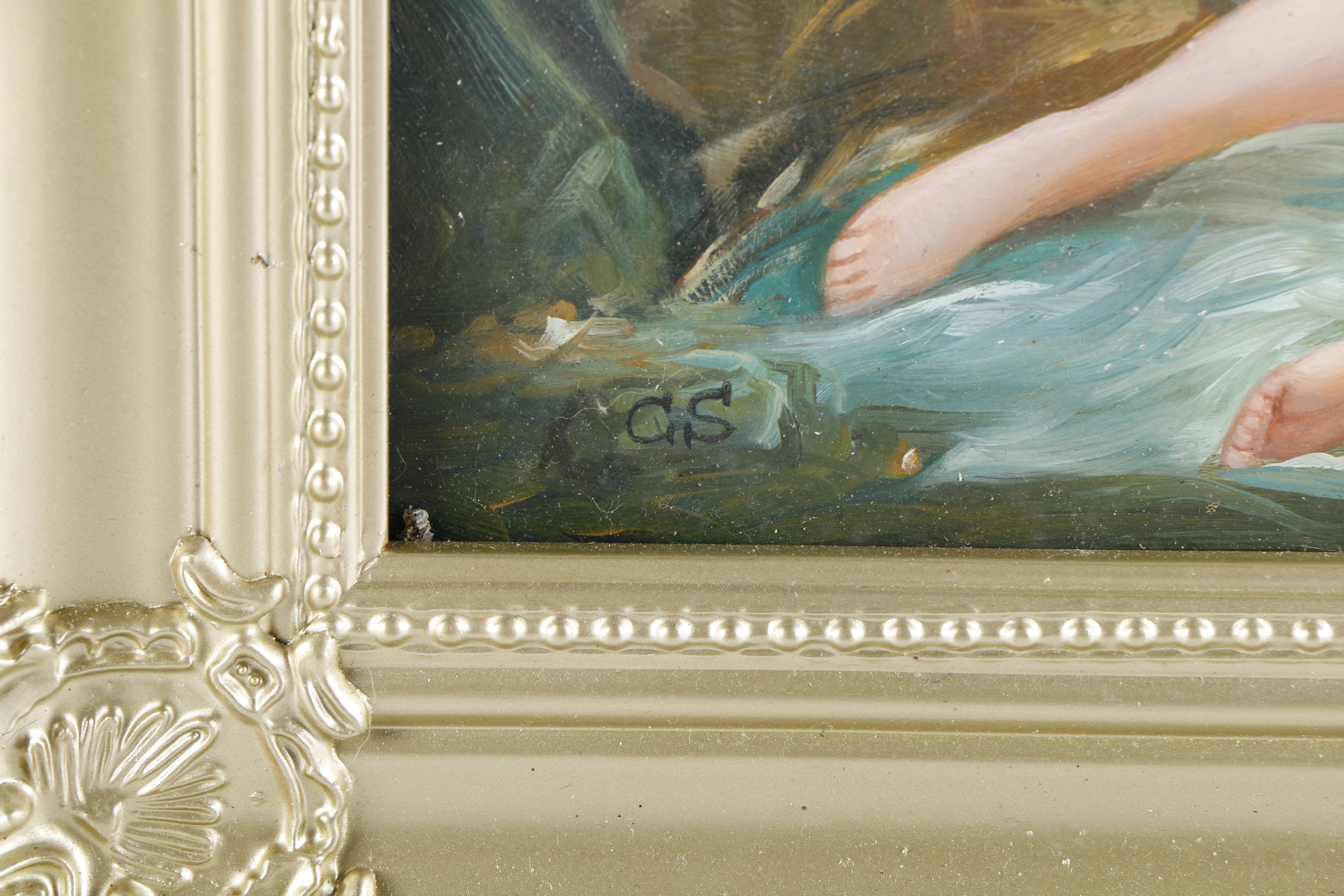 Initialed Oil on Board Painting of Nude Figures and Cherubs