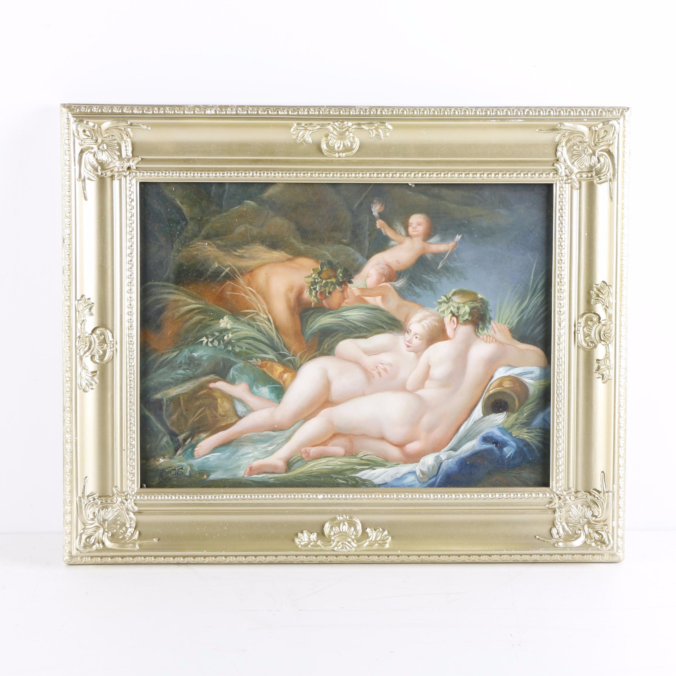Initialed Oil on Board Painting of Nude Figures and Cherubs