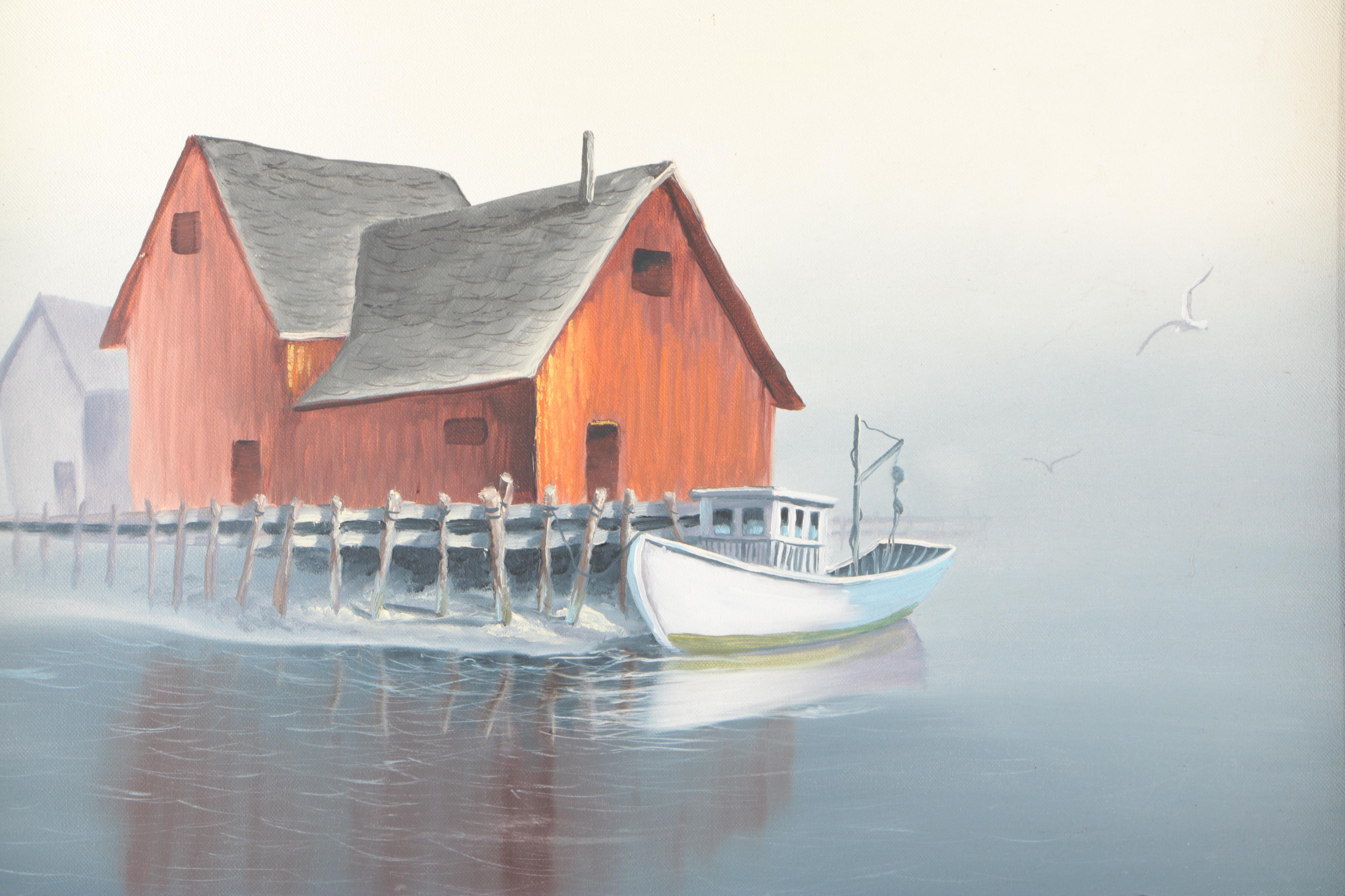 Signed Oil on Canvas of Boat and Boathouse
