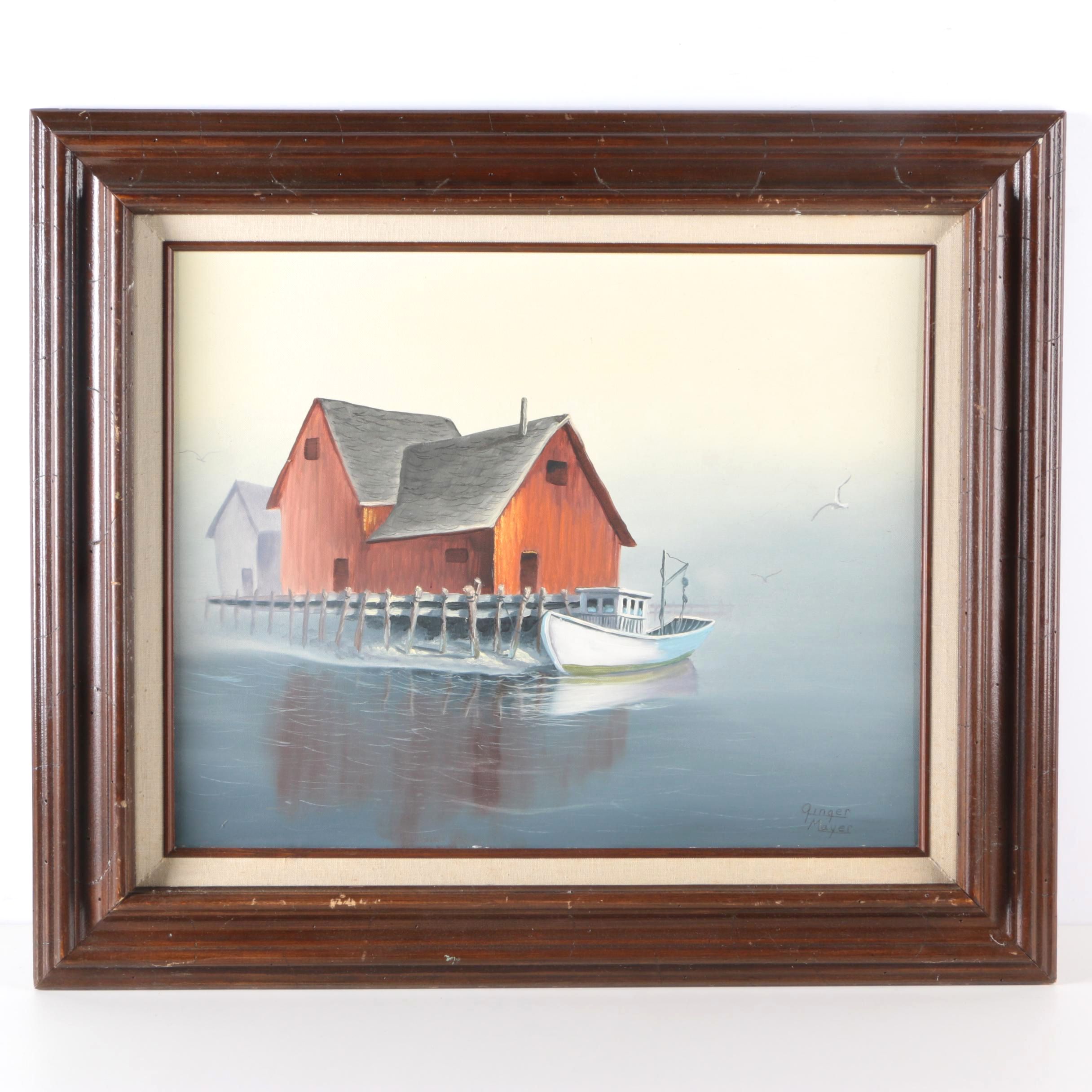 Signed Oil on Canvas of Boat and Boathouse