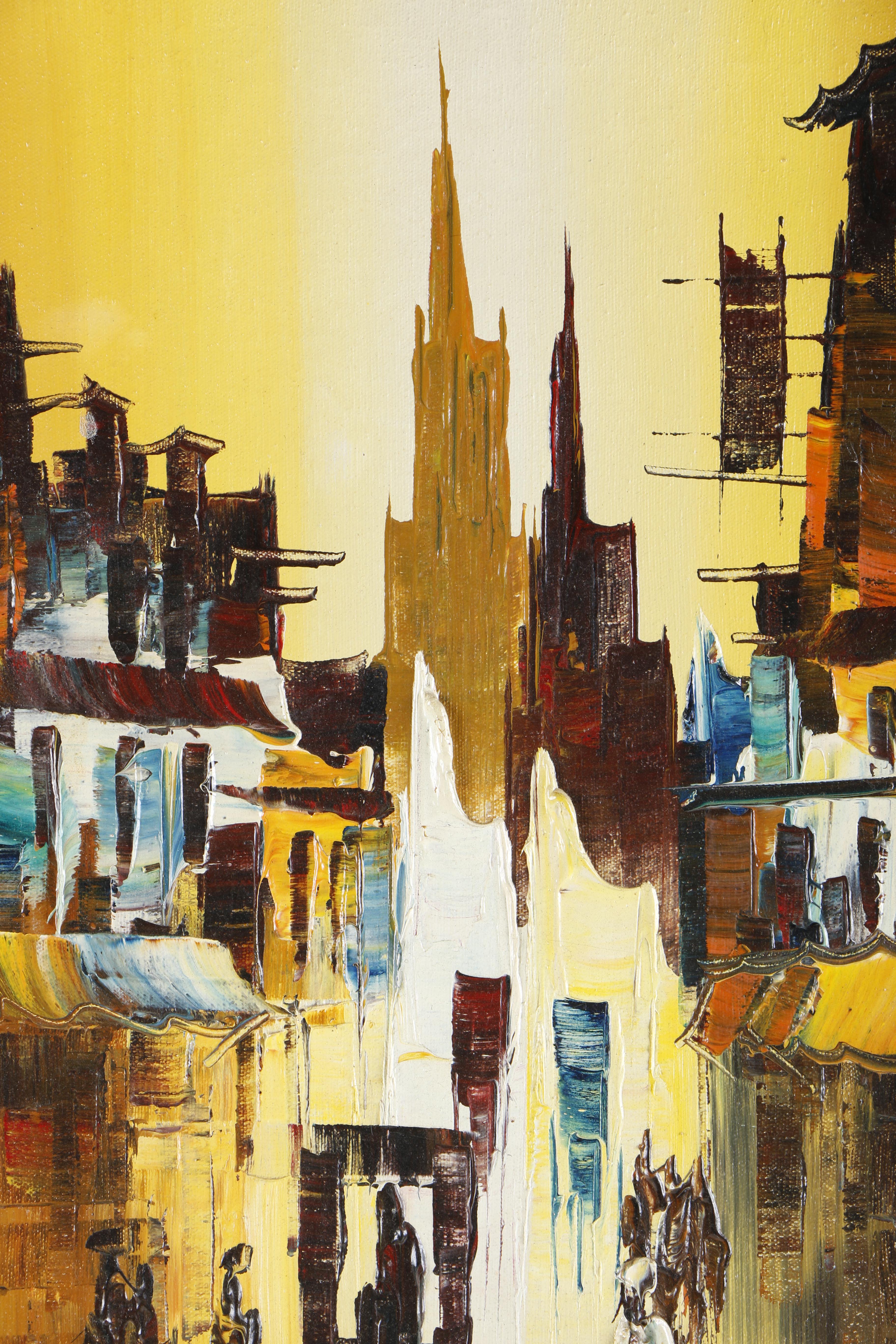 Signed Oil on Canvas Painting of Abstract Figures and Buildings