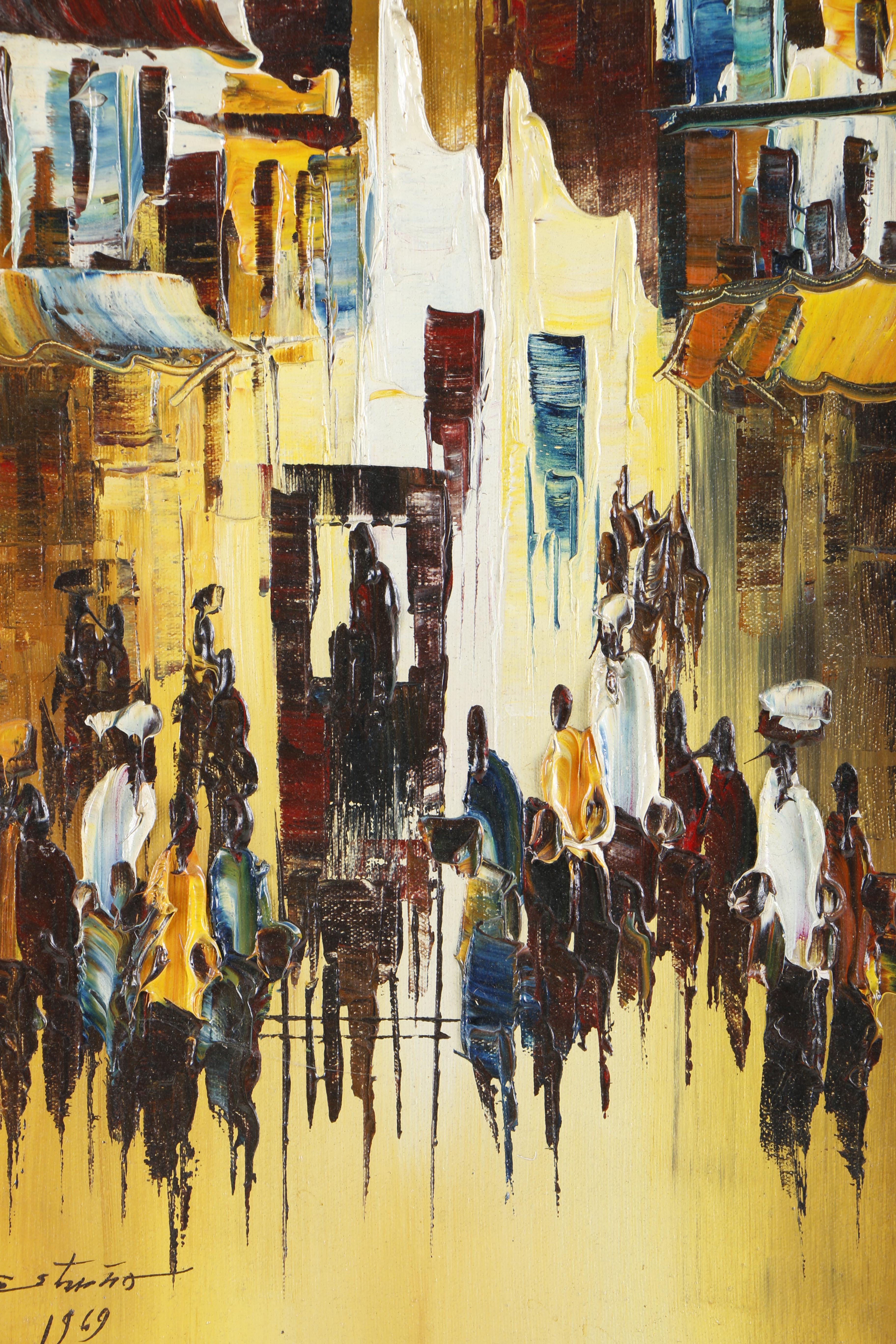 Signed Oil on Canvas Painting of Abstract Figures and Buildings