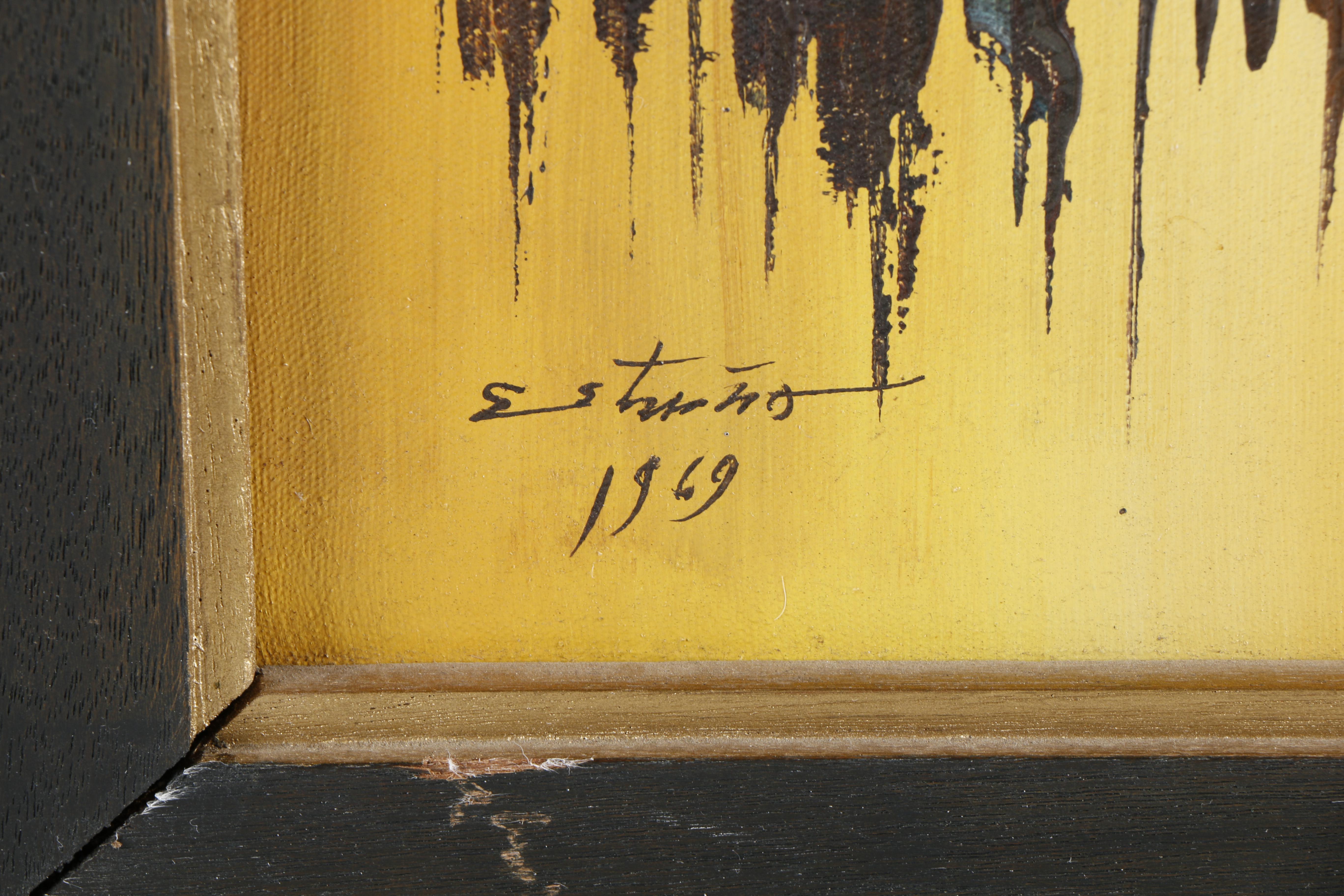 Signed Oil on Canvas Painting of Abstract Figures and Buildings