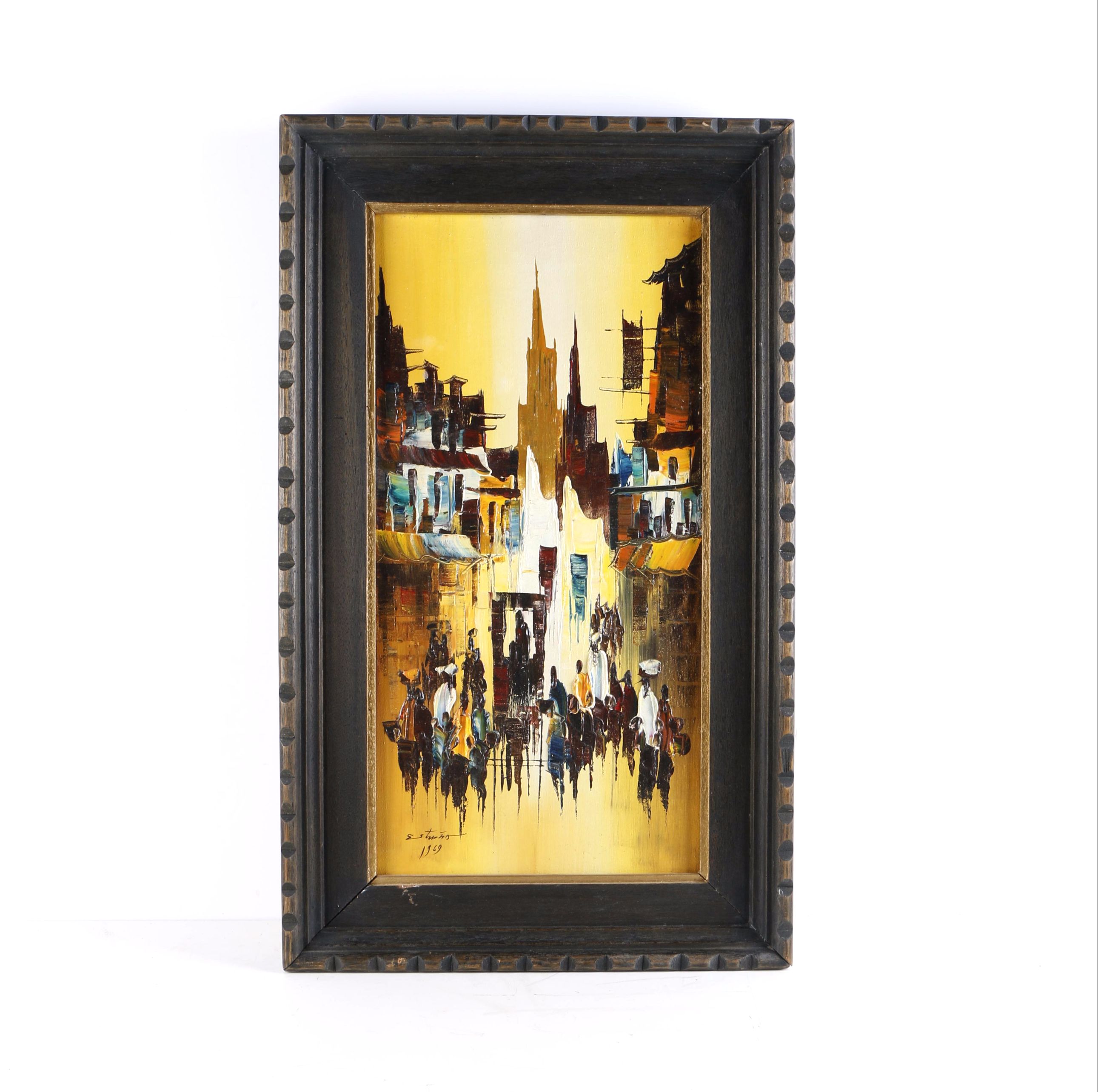 Signed Oil on Canvas Painting of Abstract Figures and Buildings