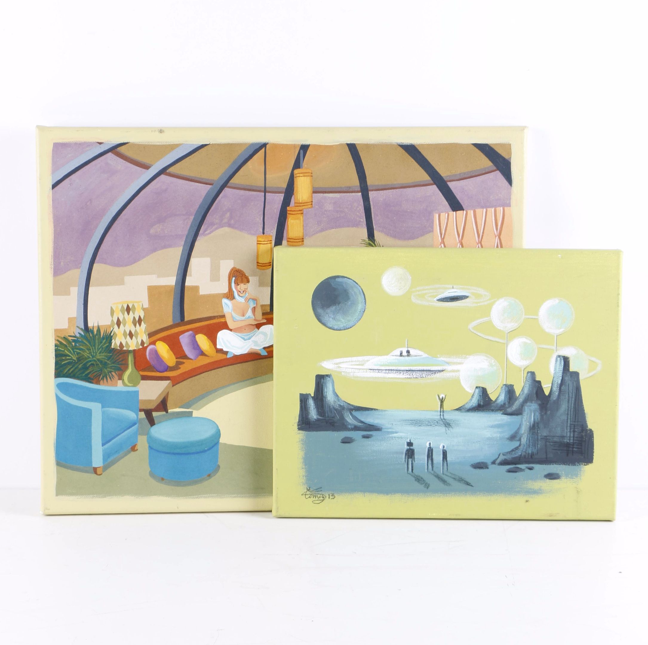 Two Original Retro Paintings by El Gato Gomez and Linda Tillman