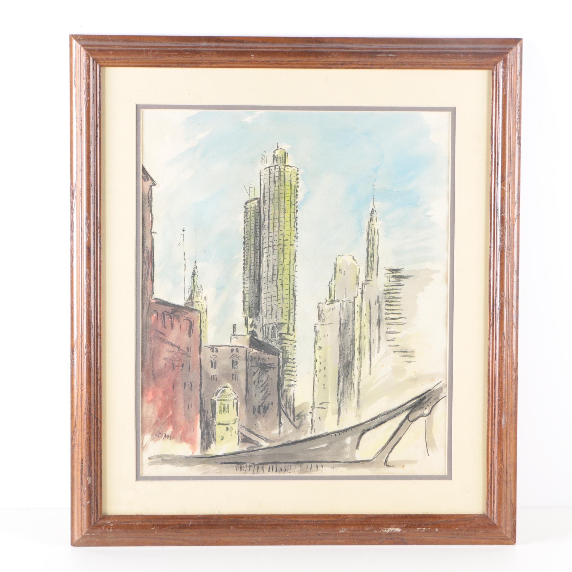 Signed Watercolor Sketch of Chicago Marina Towers