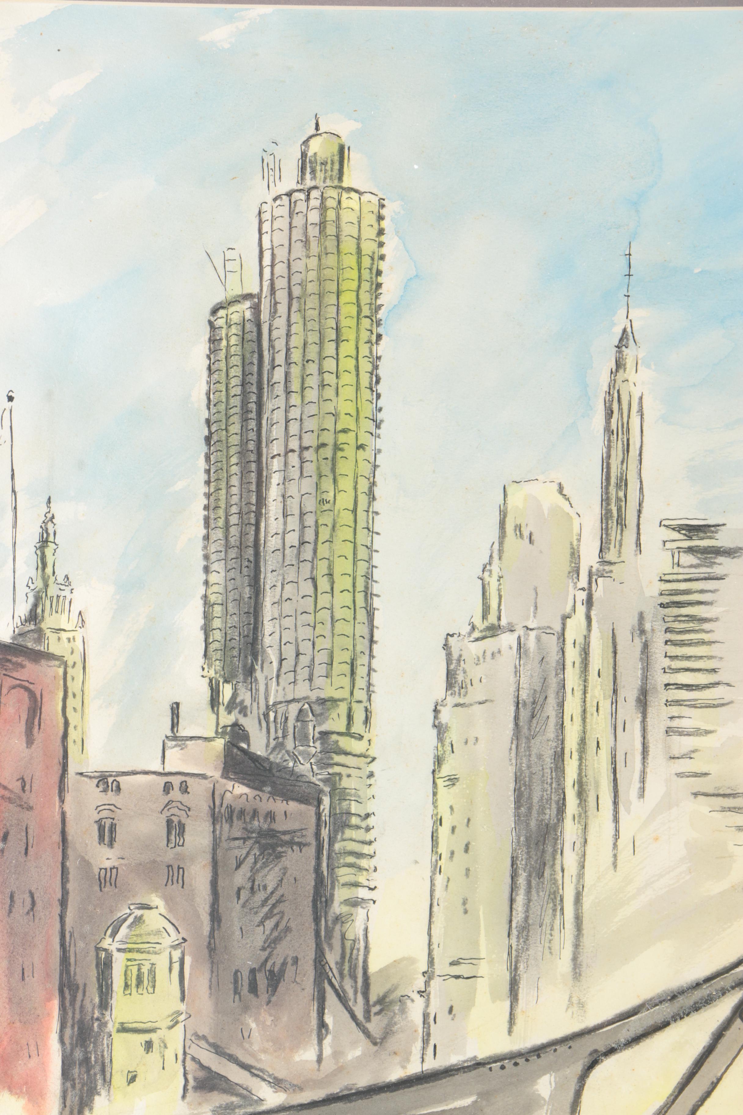 Signed Watercolor Sketch of Chicago Marina Towers