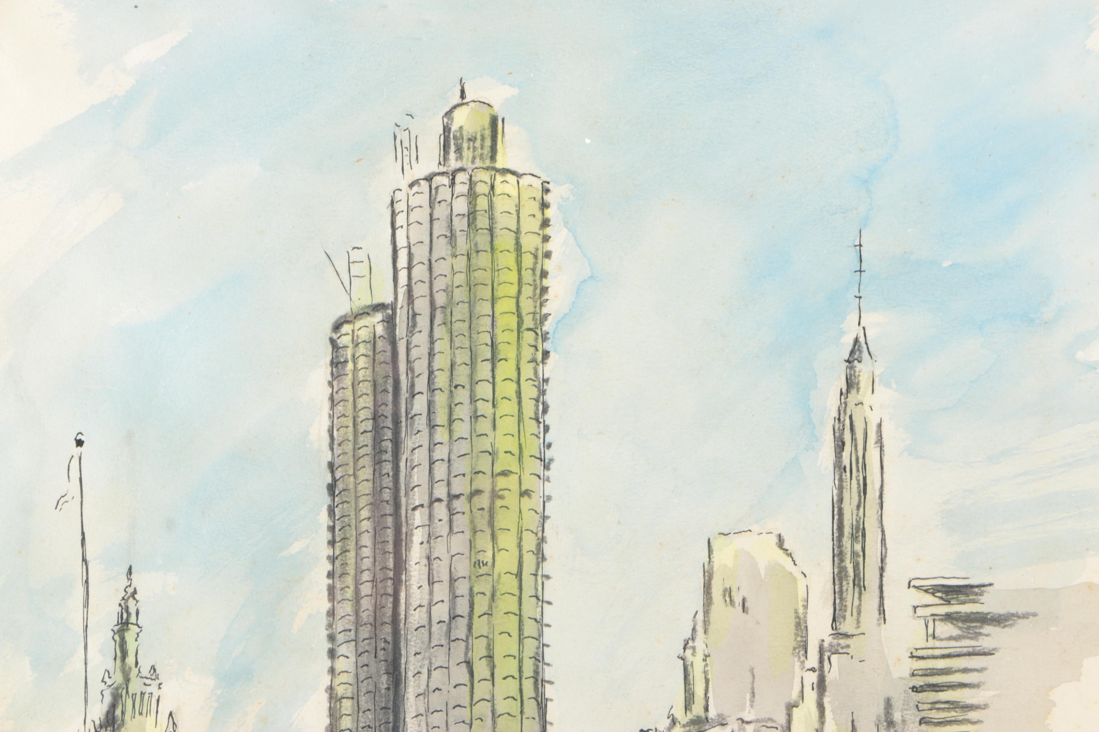 Signed Watercolor Sketch of Chicago Marina Towers