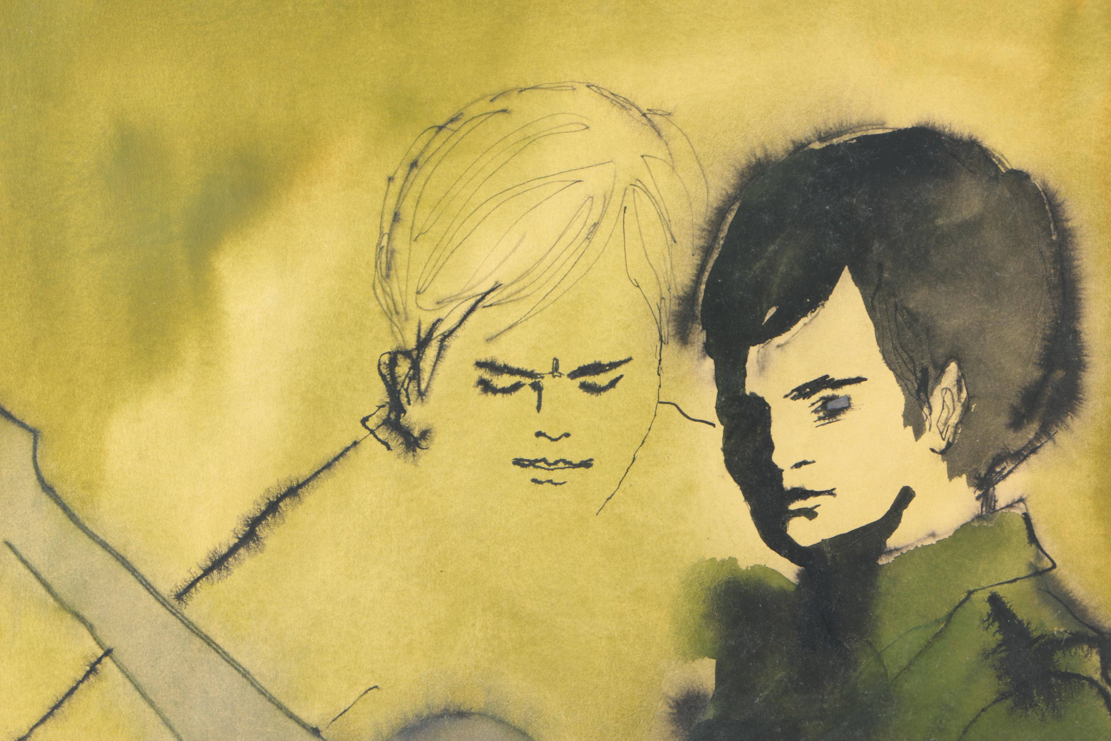 Watercolor and Ink Painting on Paper of Musicians