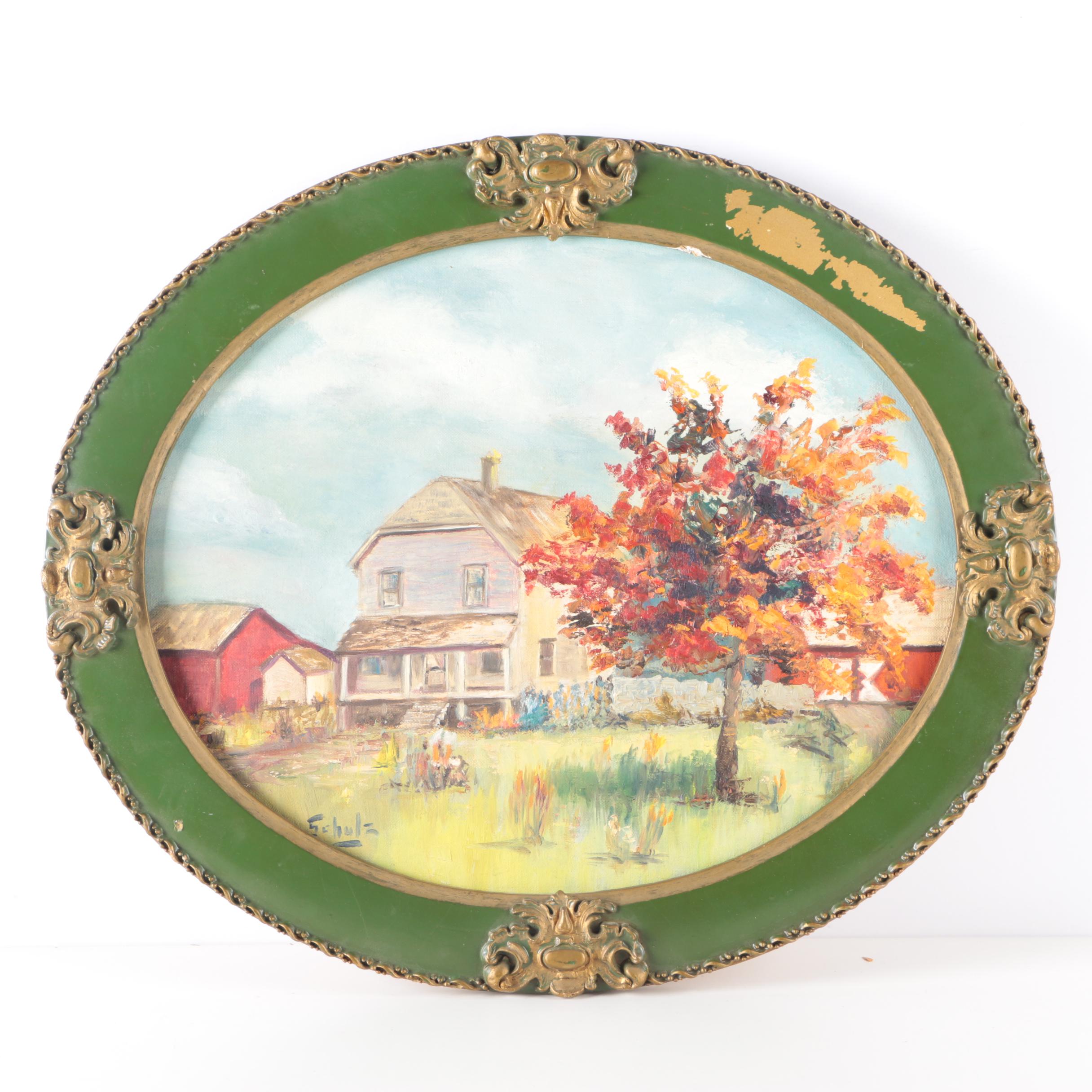 Signed Oil on Canvas Board Painting of Homestead in Oval Frame