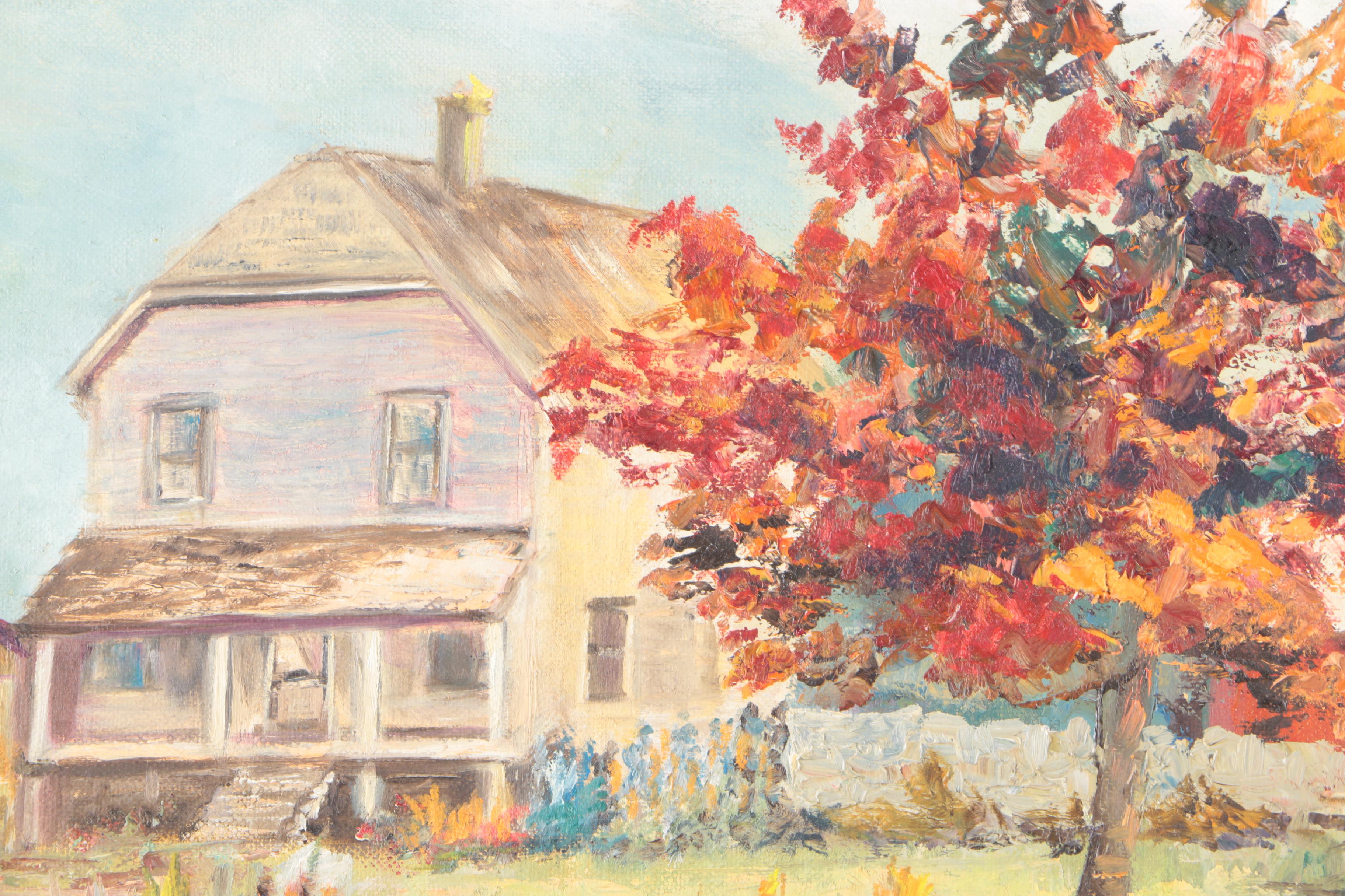 Signed Oil on Canvas Board Painting of Homestead in Oval Frame