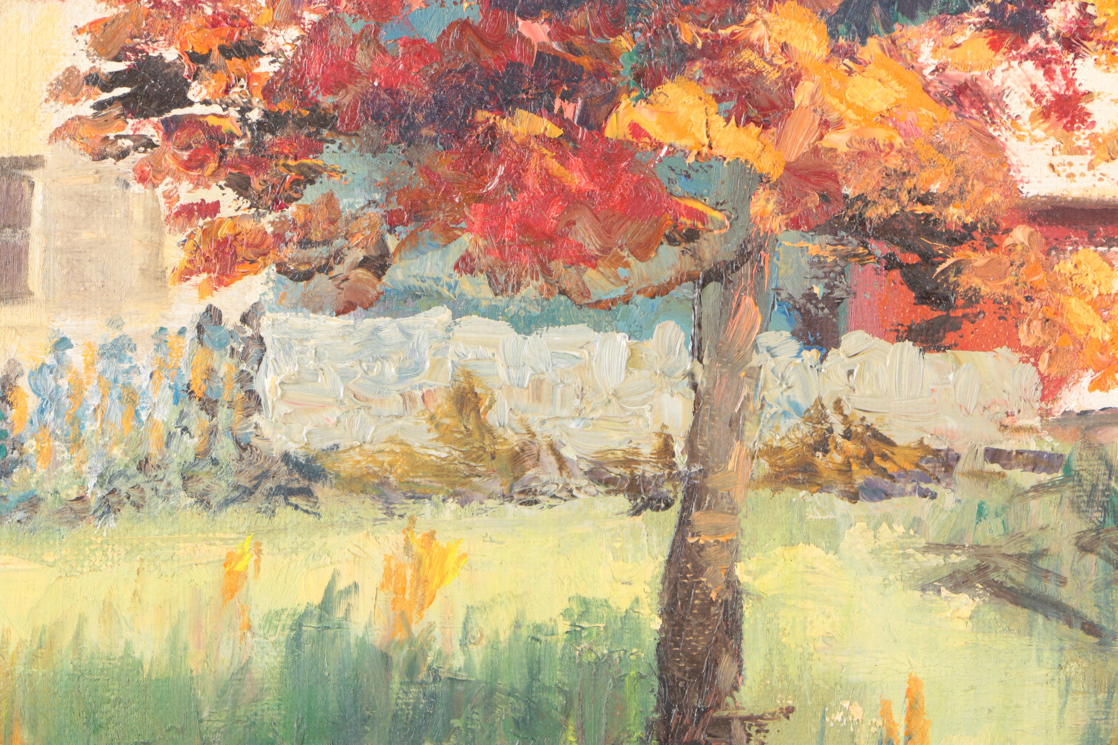 Signed Oil on Canvas Board Painting of Homestead in Oval Frame