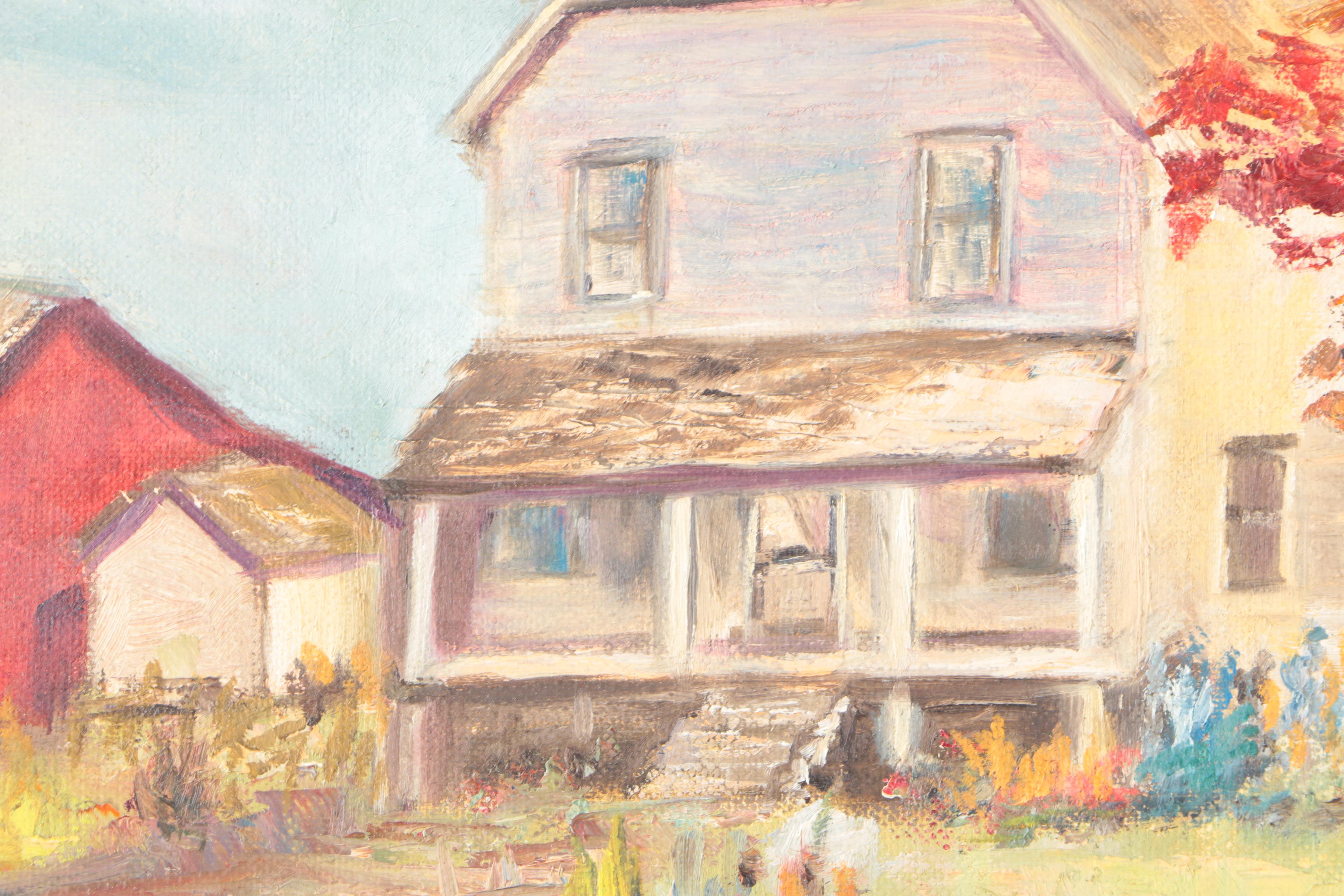 Signed Oil on Canvas Board Painting of Homestead in Oval Frame