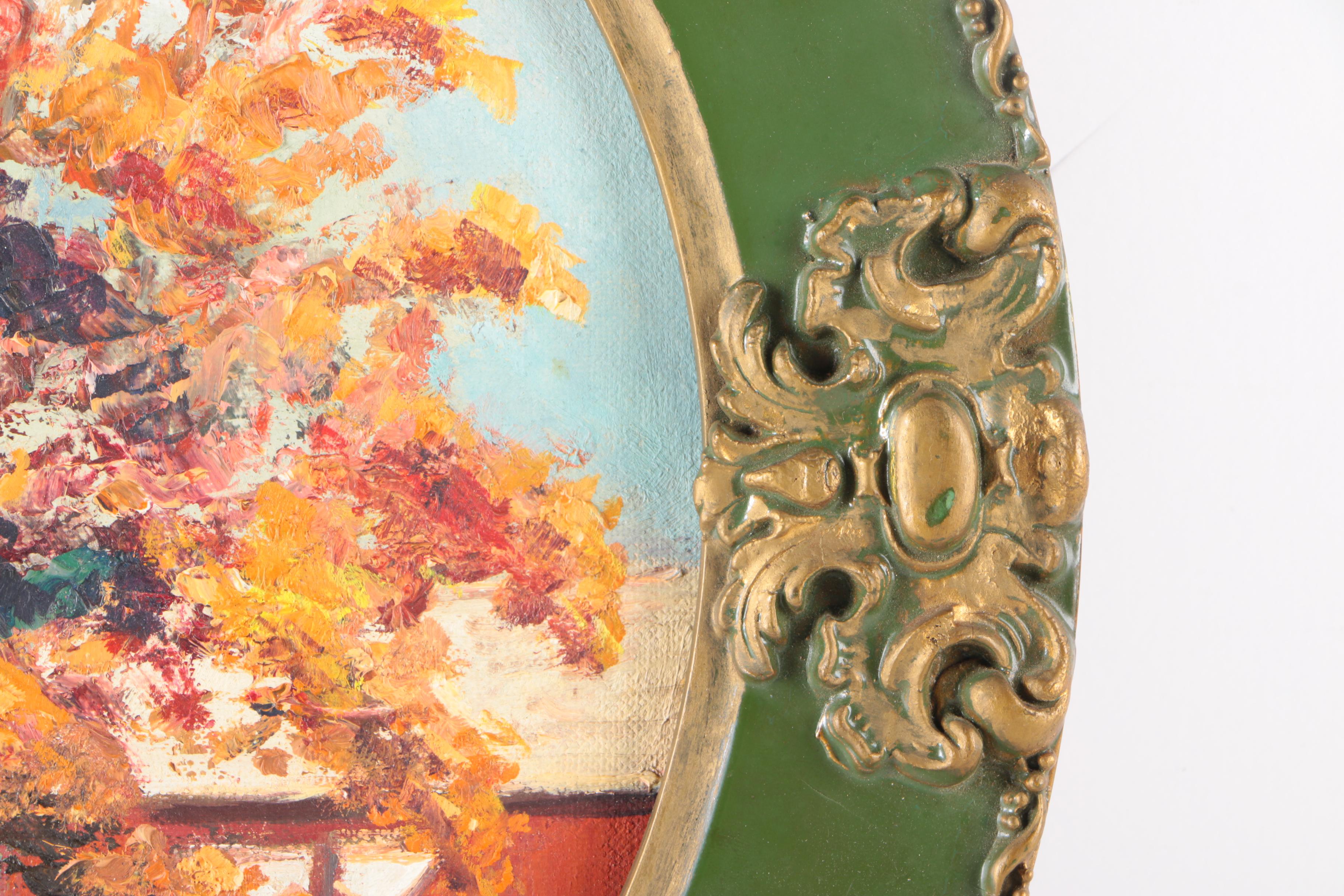 Signed Oil on Canvas Board Painting of Homestead in Oval Frame