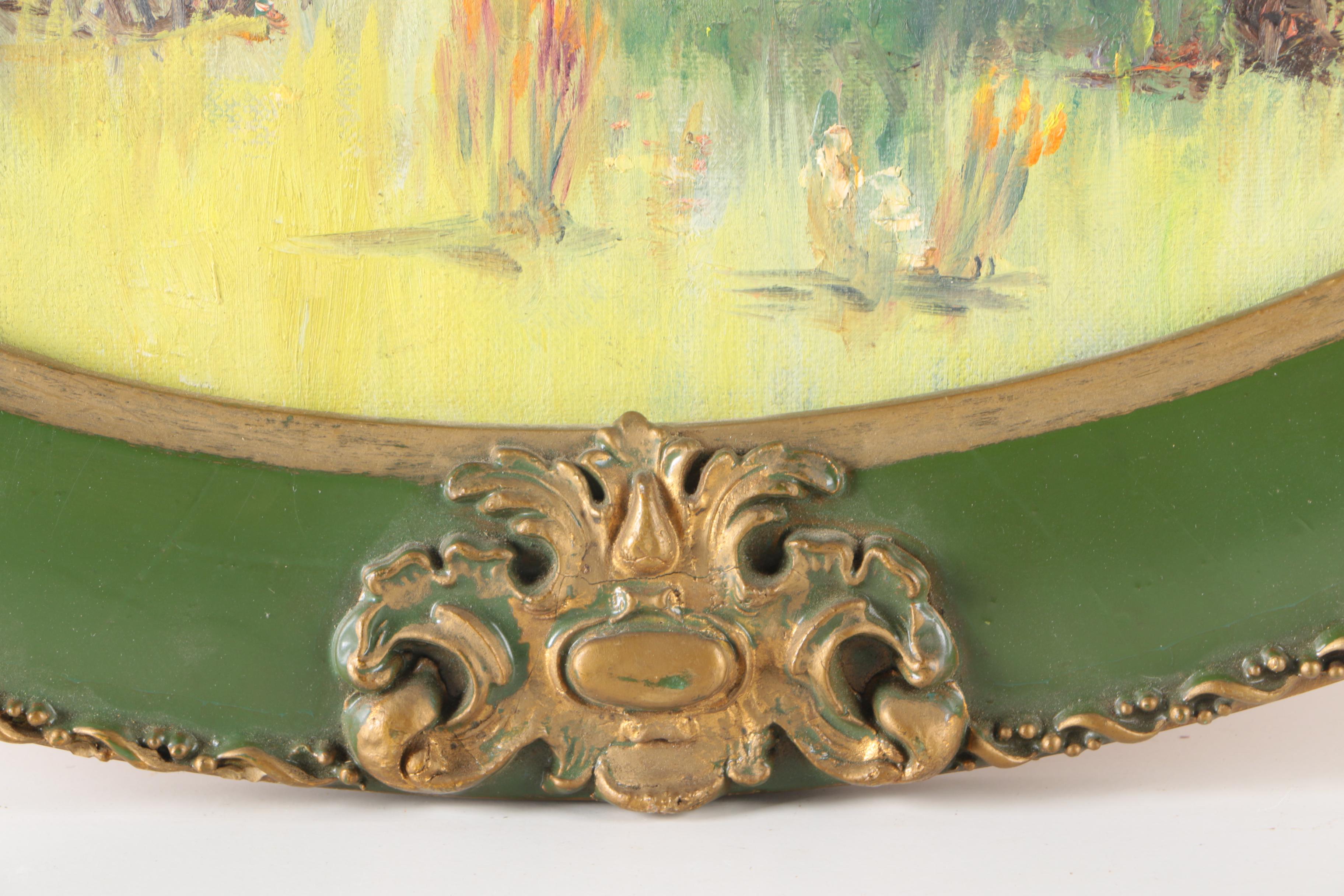 Signed Oil on Canvas Board Painting of Homestead in Oval Frame