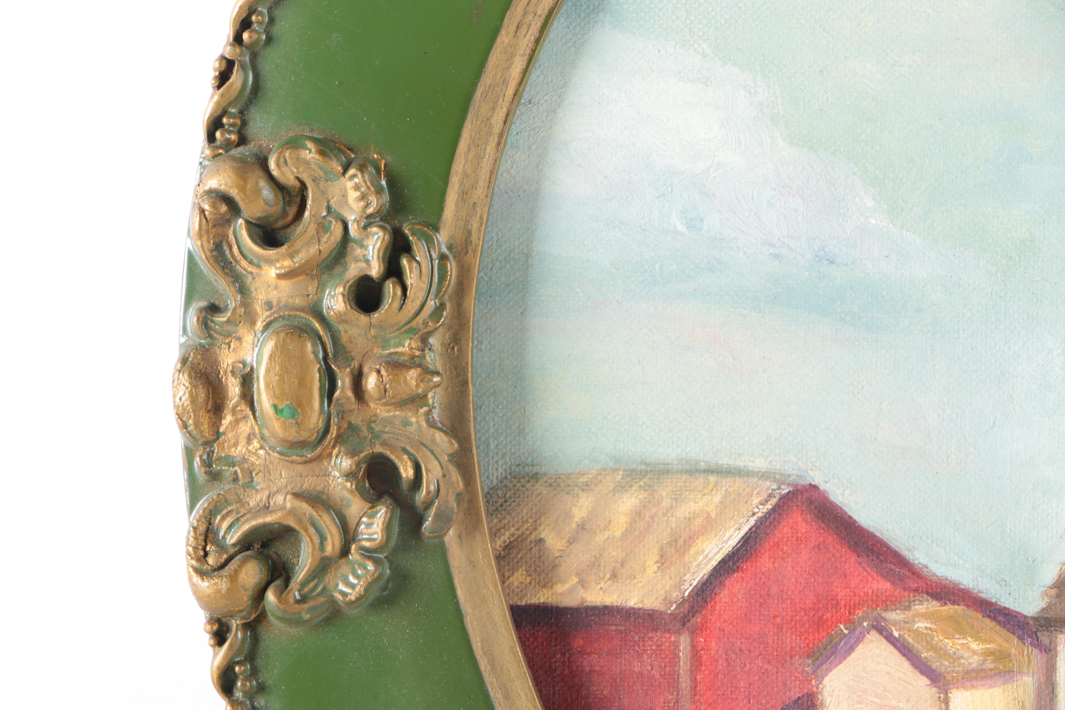 Signed Oil on Canvas Board Painting of Homestead in Oval Frame