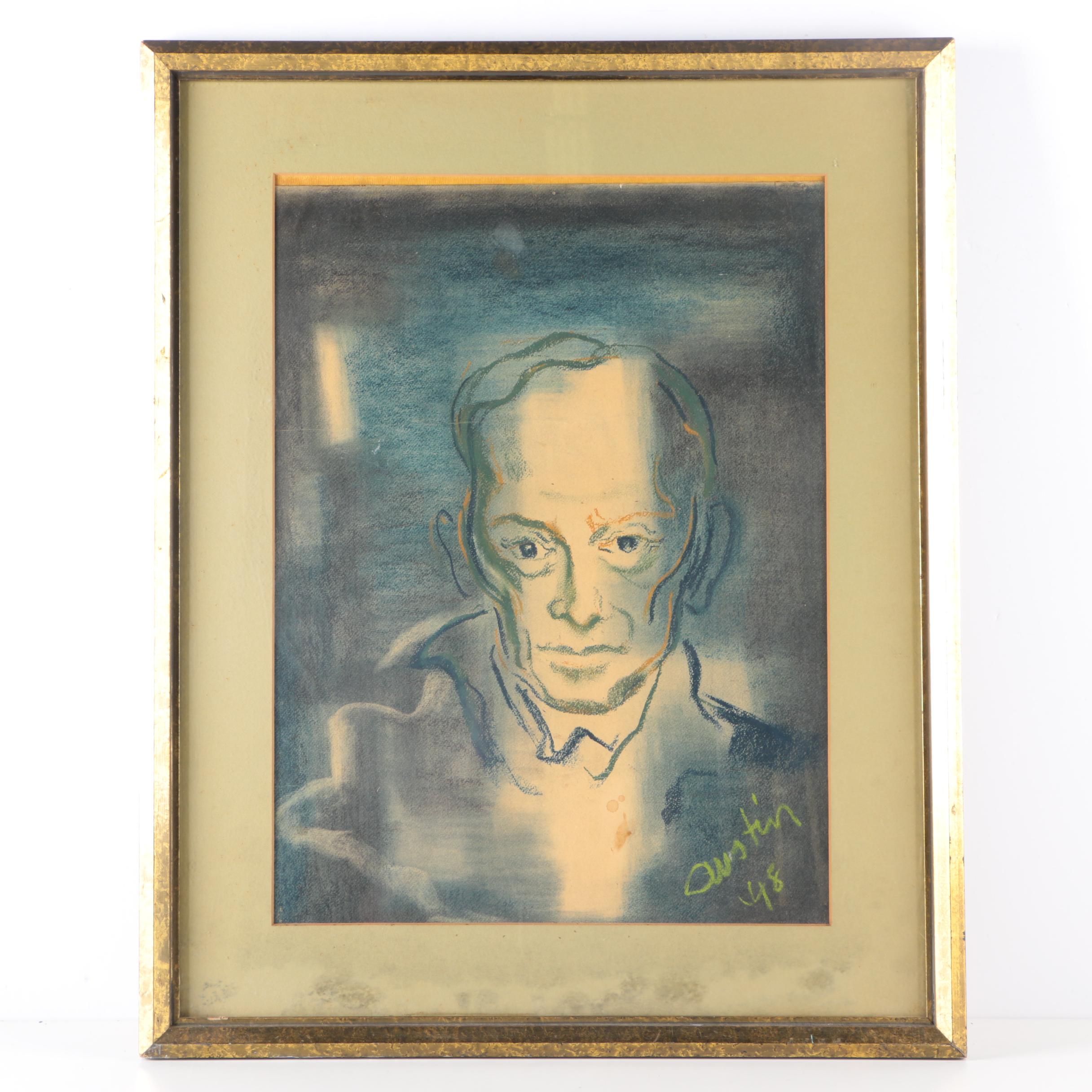 Vintage Signed Pastel on Paper Portrait of Man