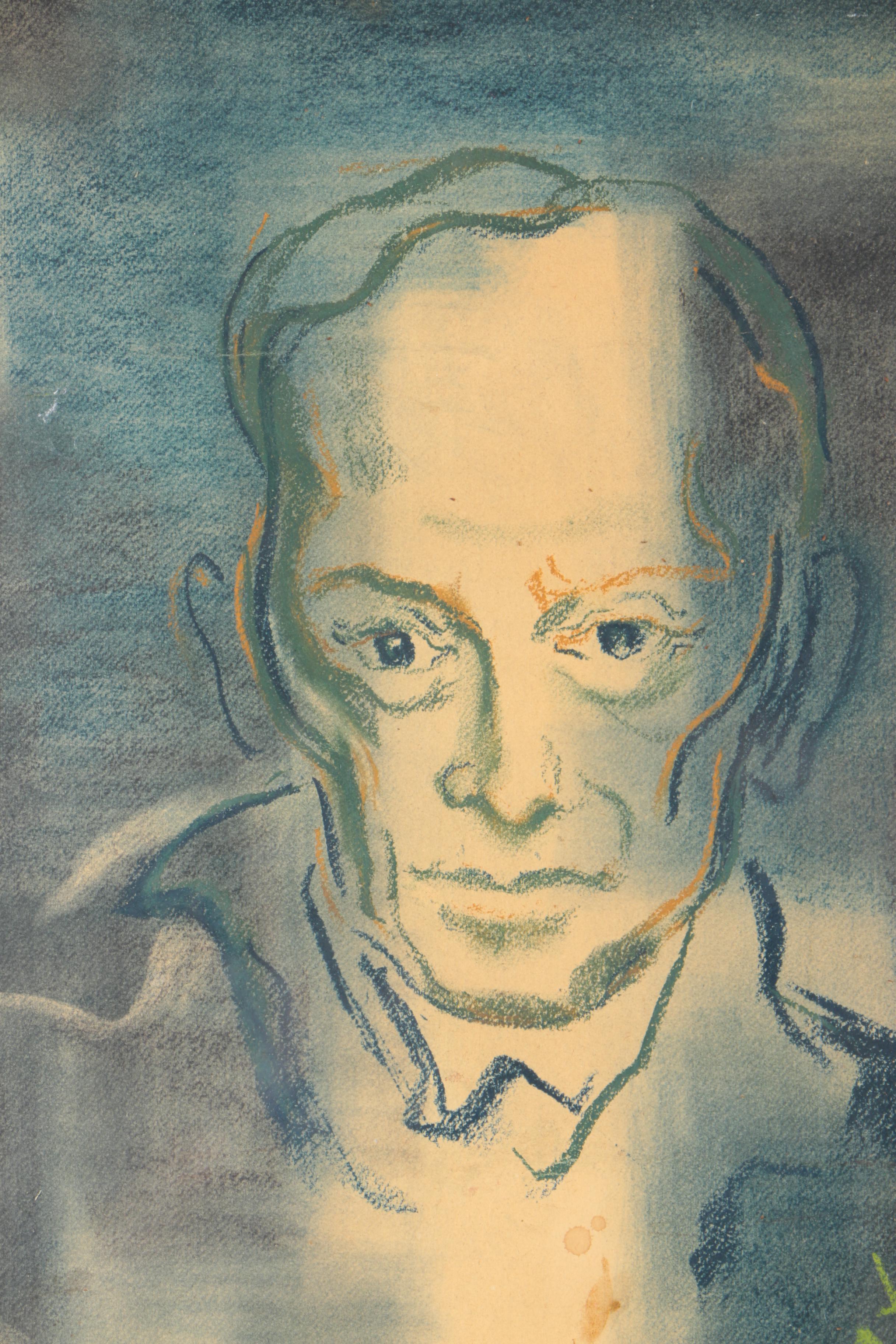 Vintage Signed Pastel on Paper Portrait of Man