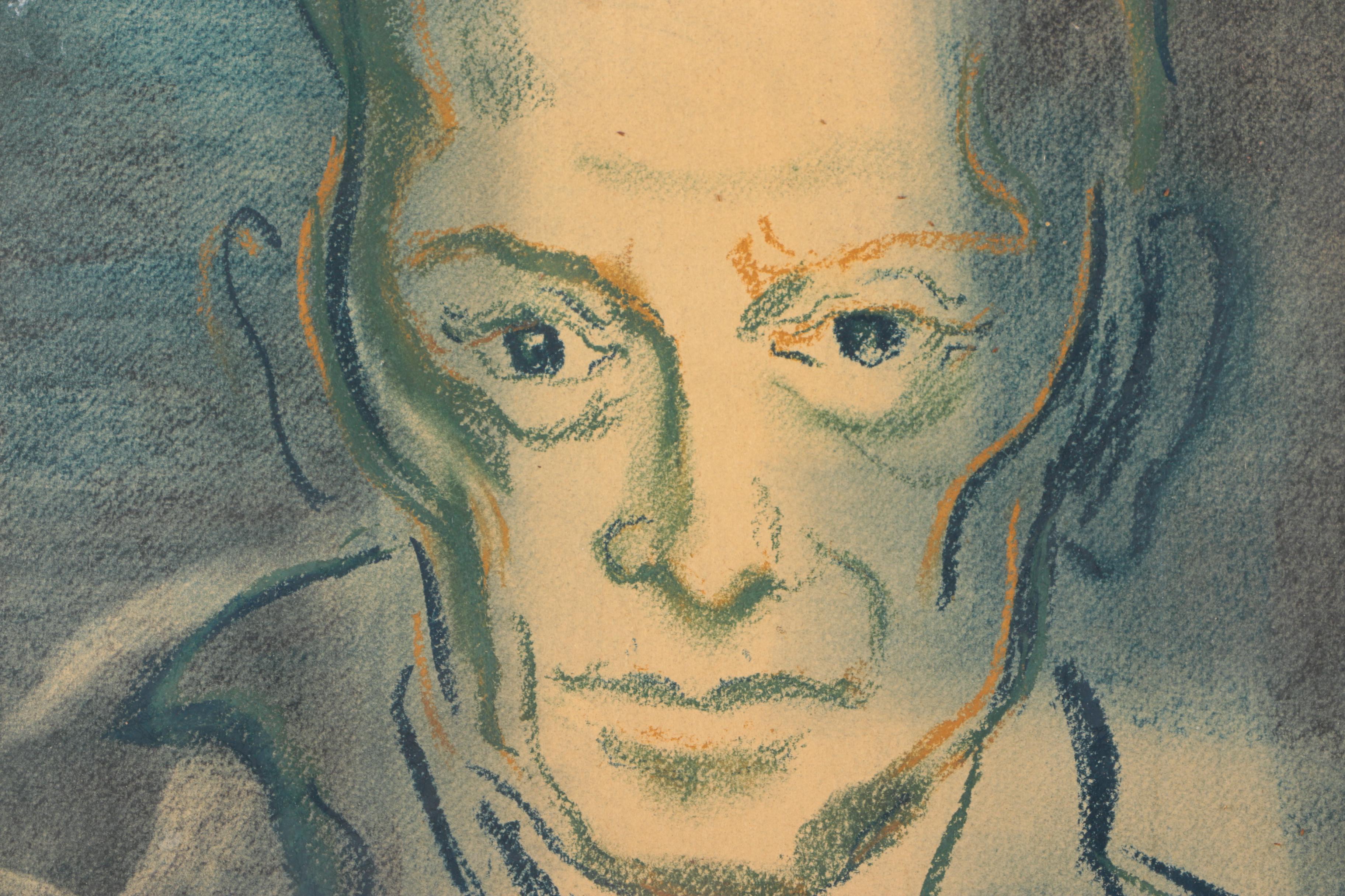 Vintage Signed Pastel on Paper Portrait of Man