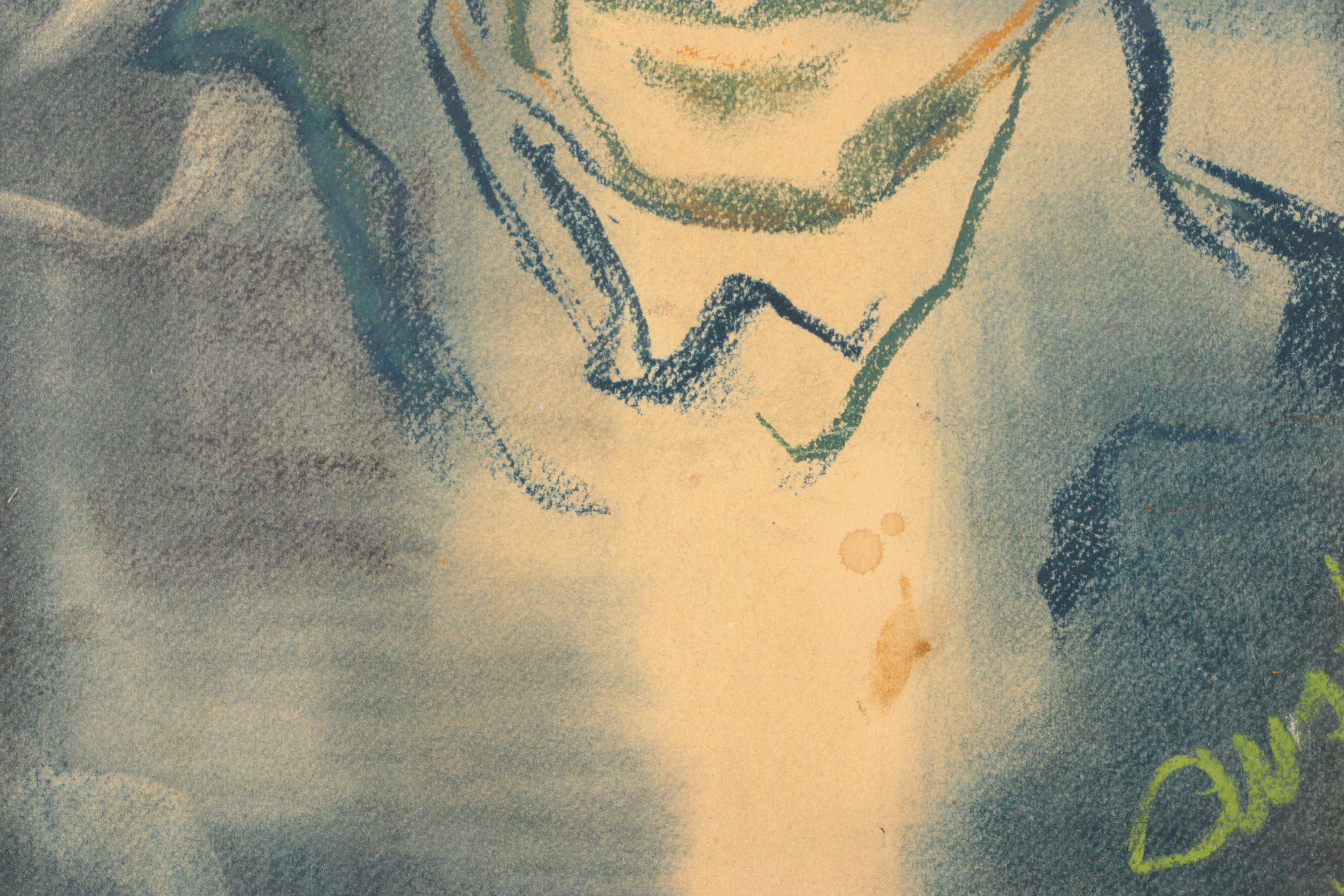 Vintage Signed Pastel on Paper Portrait of Man