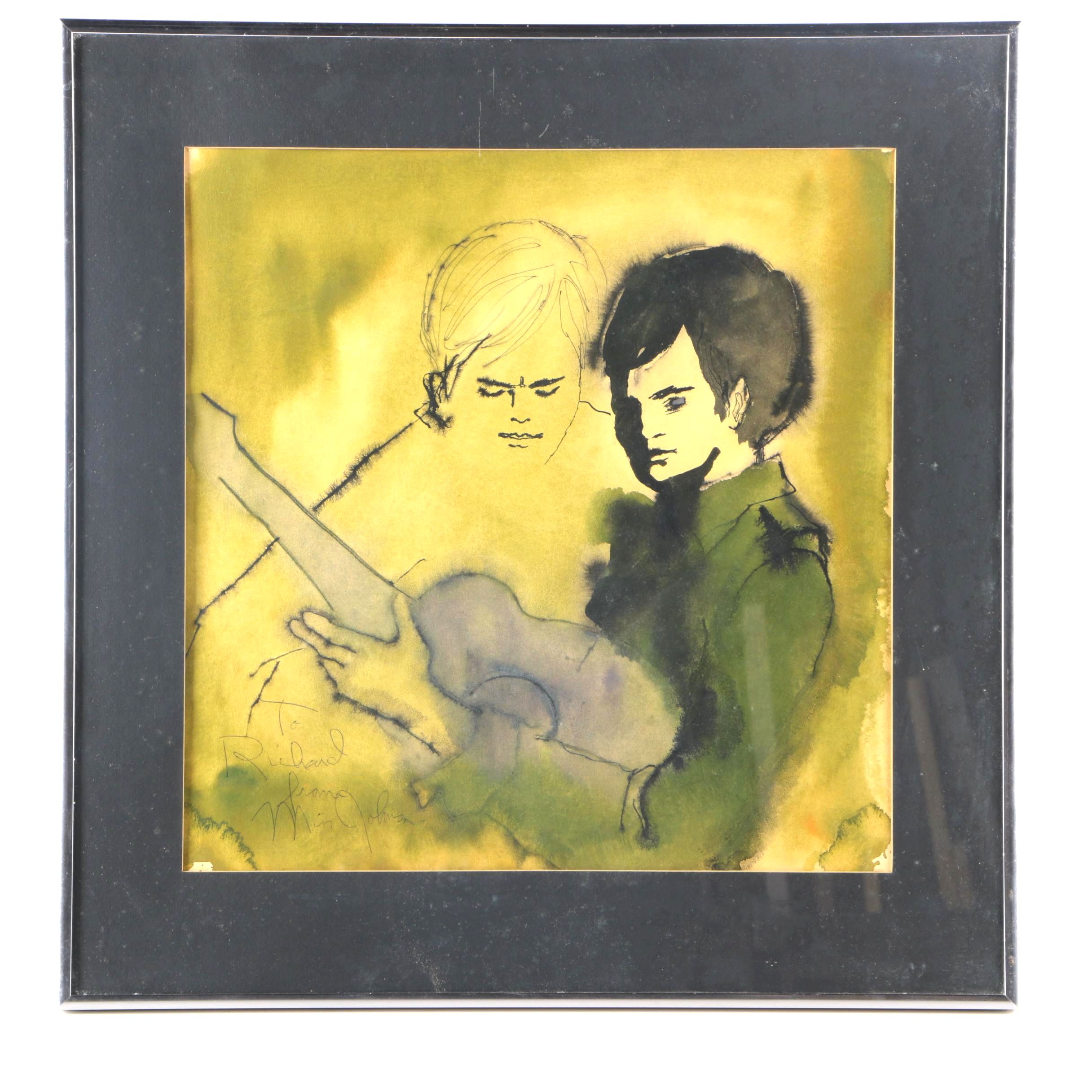 Watercolor and Ink Painting on Paper of Musicians