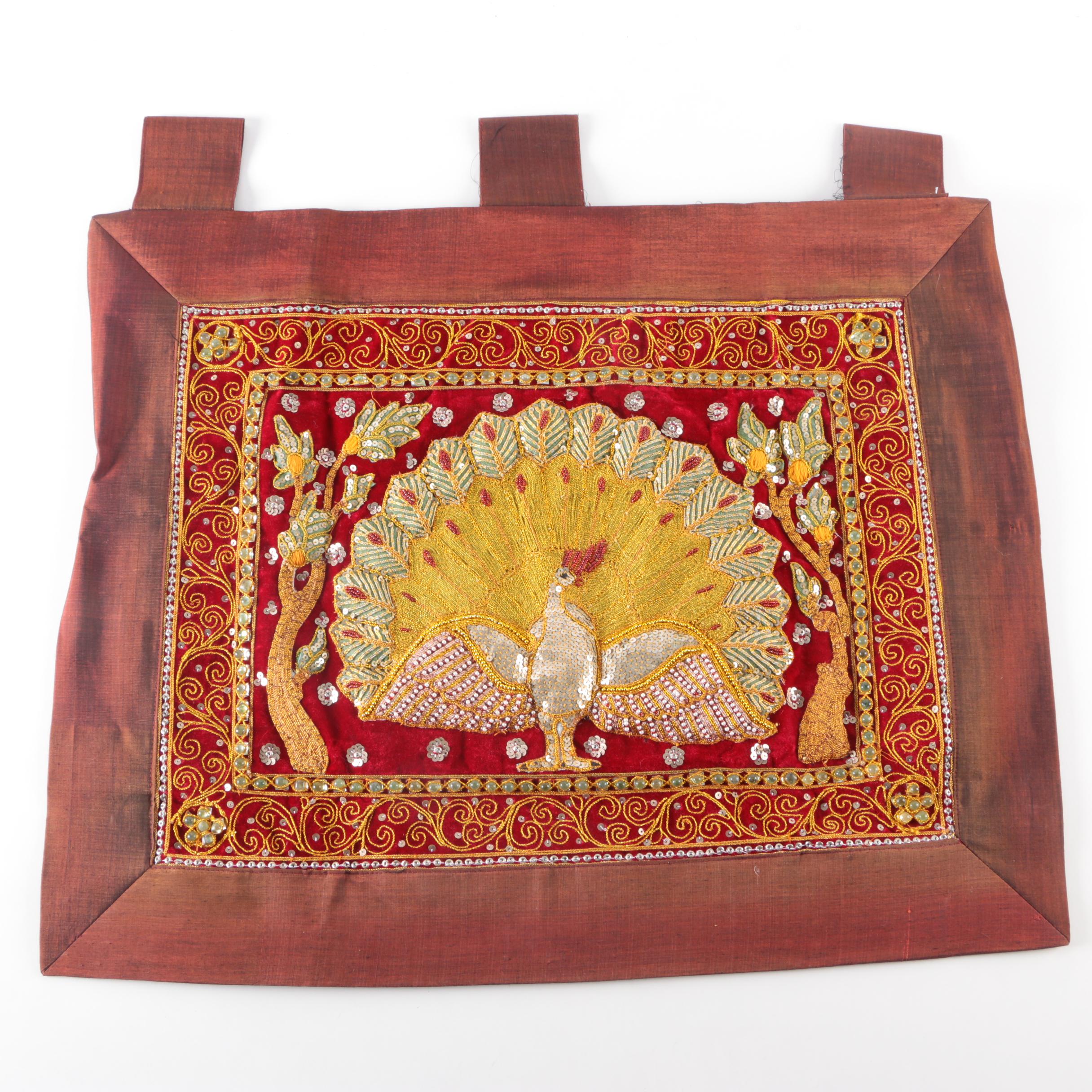Indian Peacock Embroidered and Sequined Wall Hanging