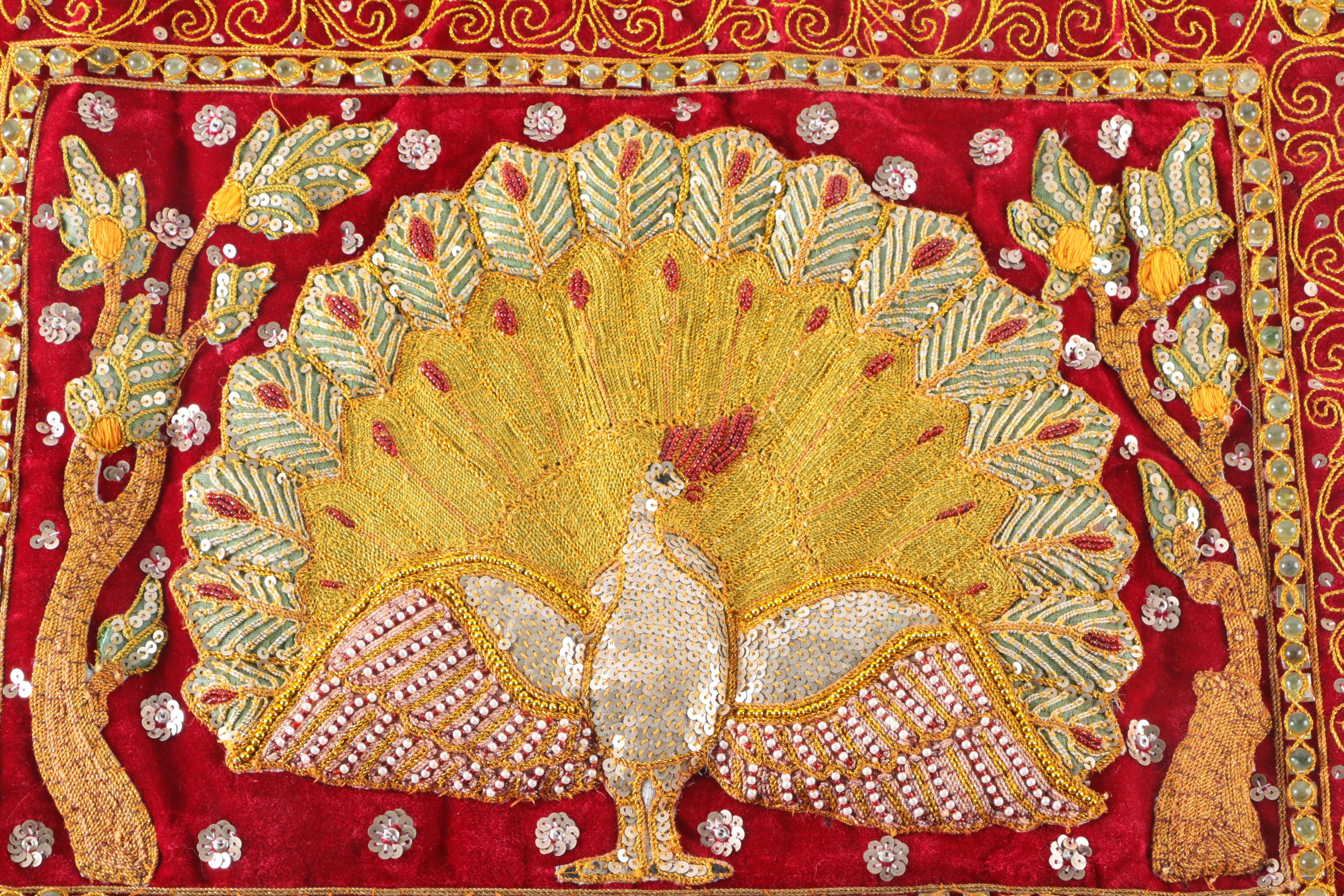 Indian Peacock Embroidered and Sequined Wall Hanging