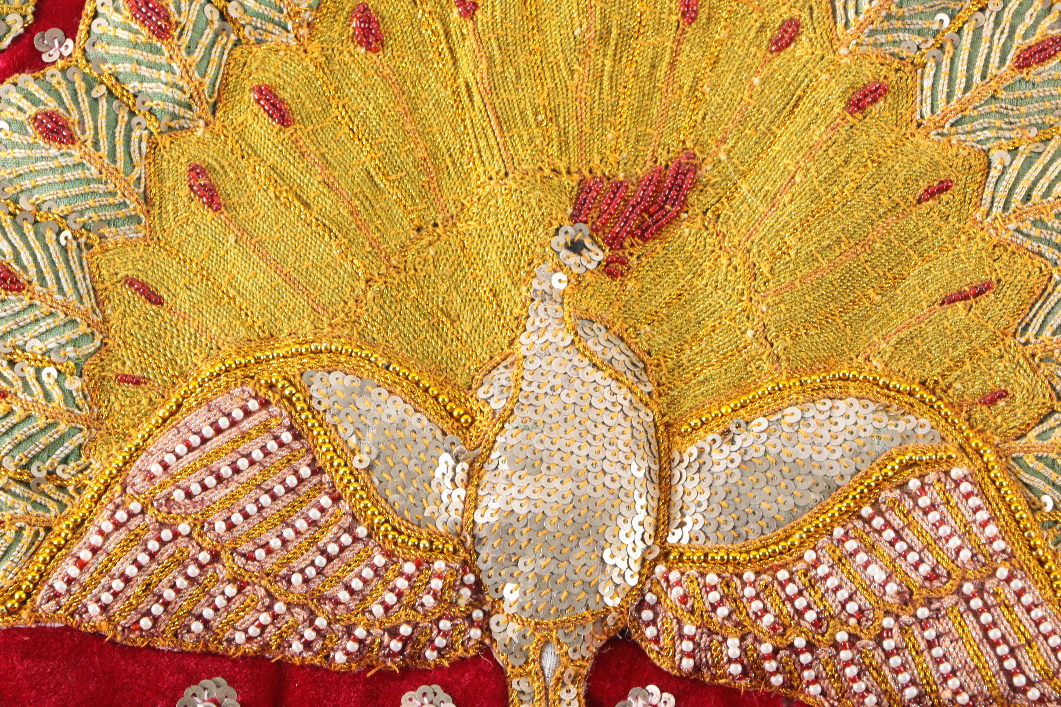 Indian Peacock Embroidered and Sequined Wall Hanging