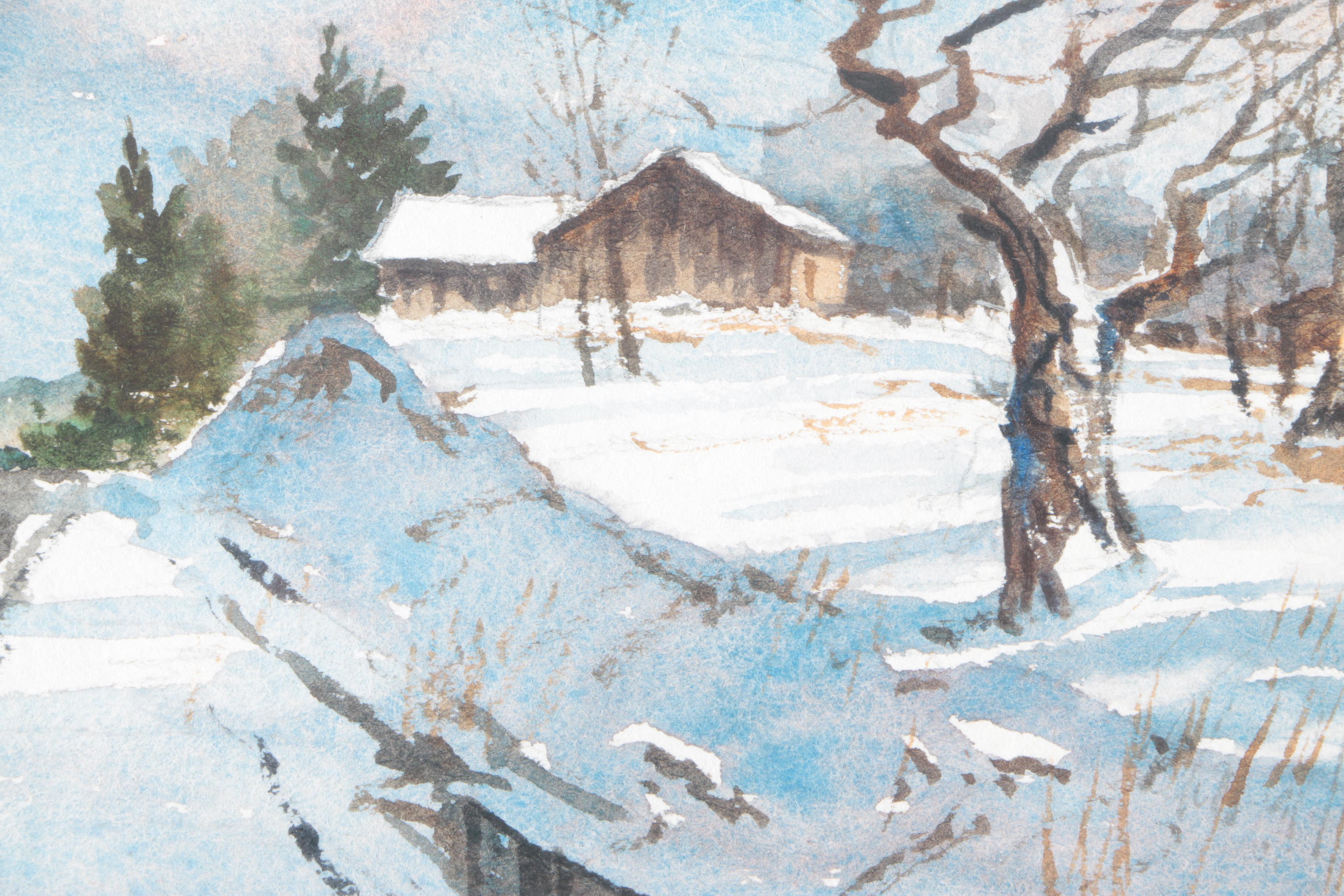 Marc Moon Watercolor Painting on Paper of Winter Landscape