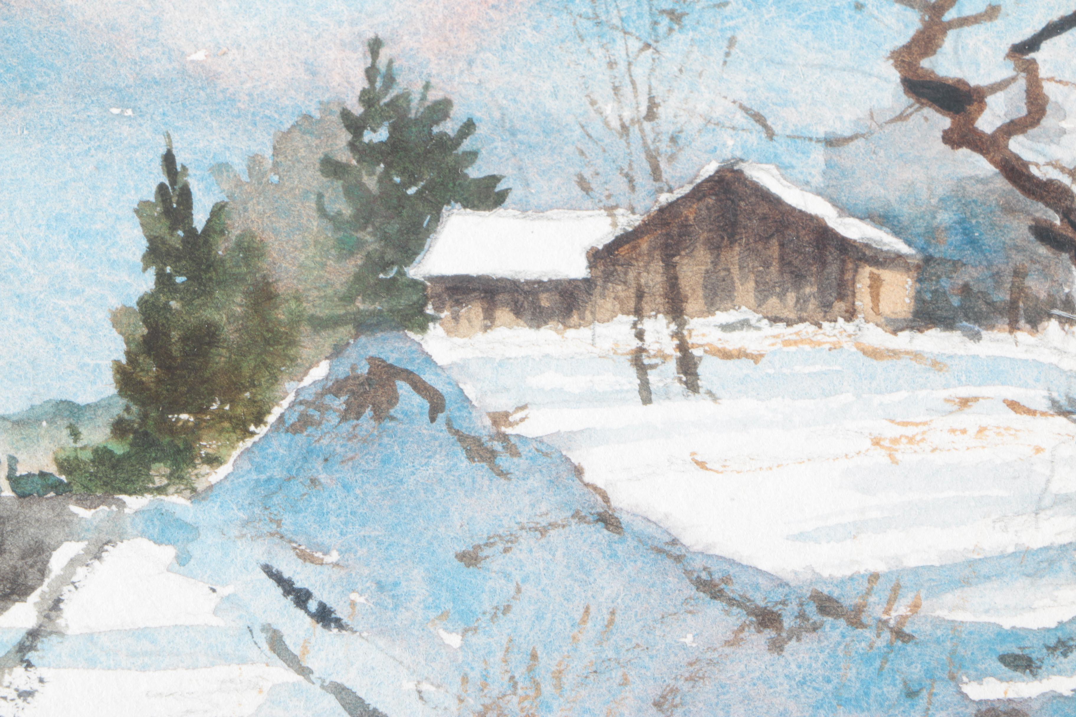 Marc Moon Watercolor Painting on Paper of Winter Landscape