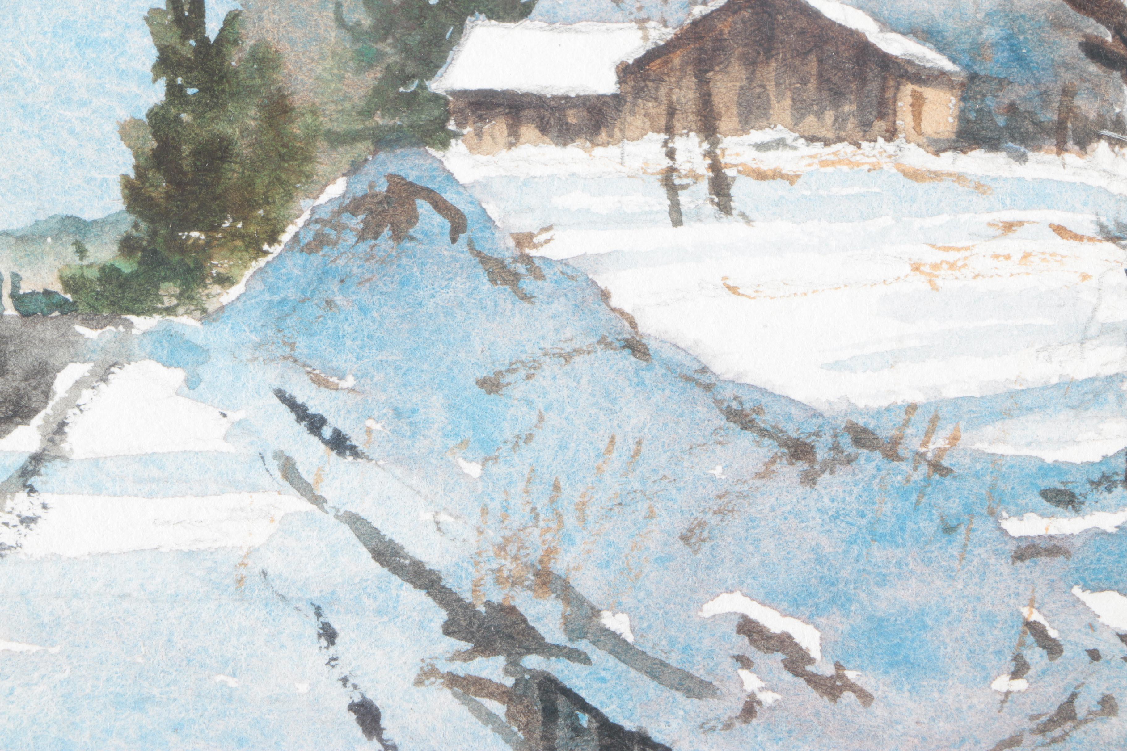 Marc Moon Watercolor Painting on Paper of Winter Landscape