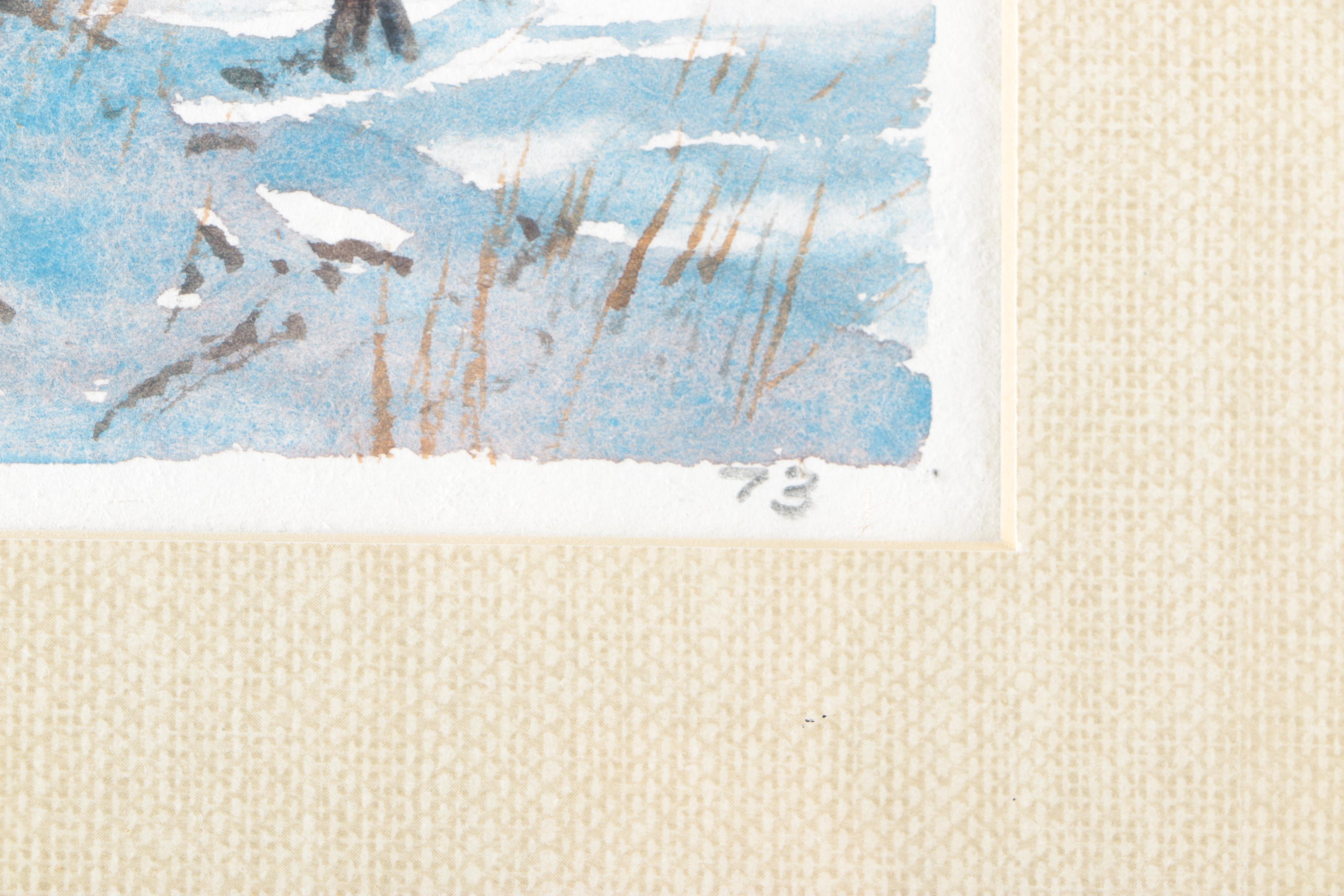 Marc Moon Watercolor Painting on Paper of Winter Landscape