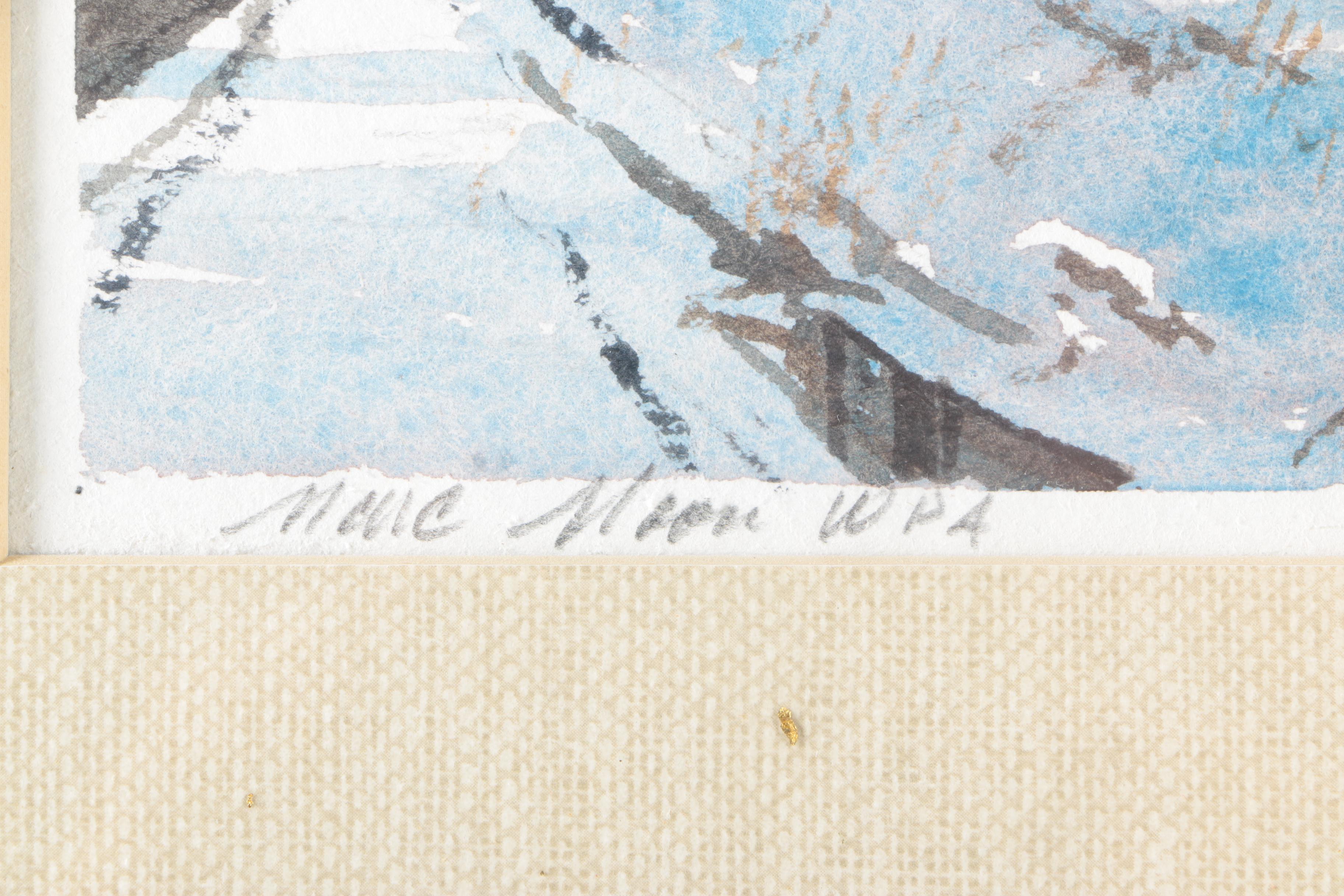 Marc Moon Watercolor Painting on Paper of Winter Landscape