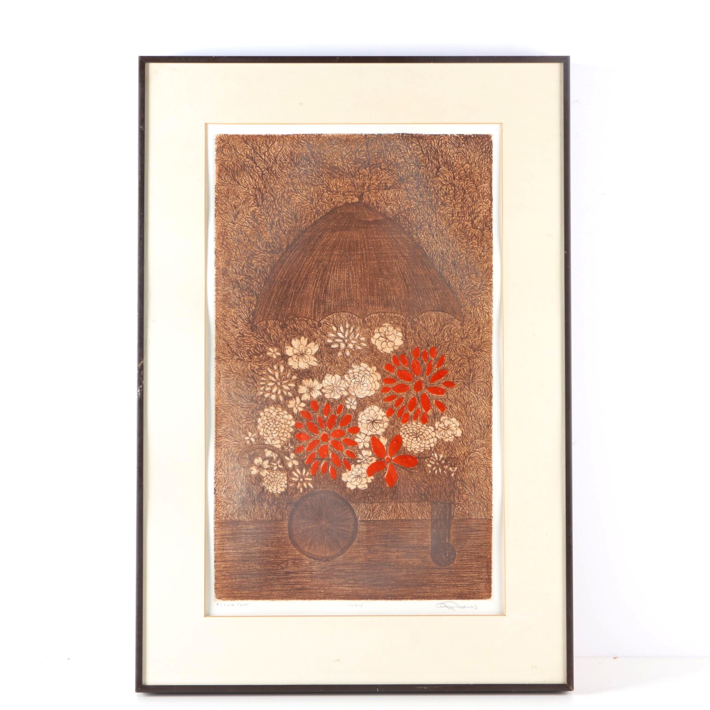 Joy Jerviss Limited Edition Hand Colored Etching "Flower Cart"