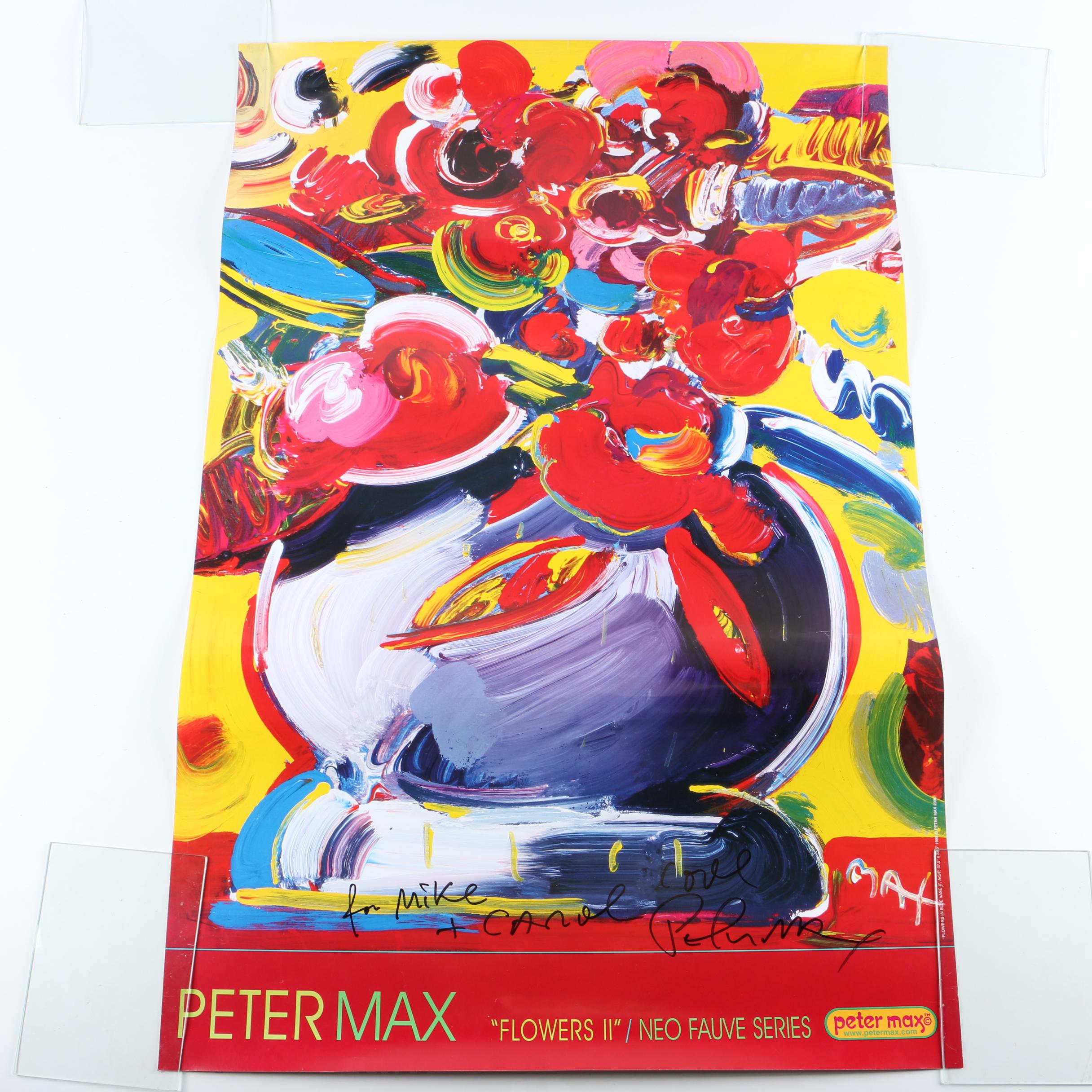 Peter Max Offset Lithographic Poster "Flowers in Blue Vase II" With Personal Dedication