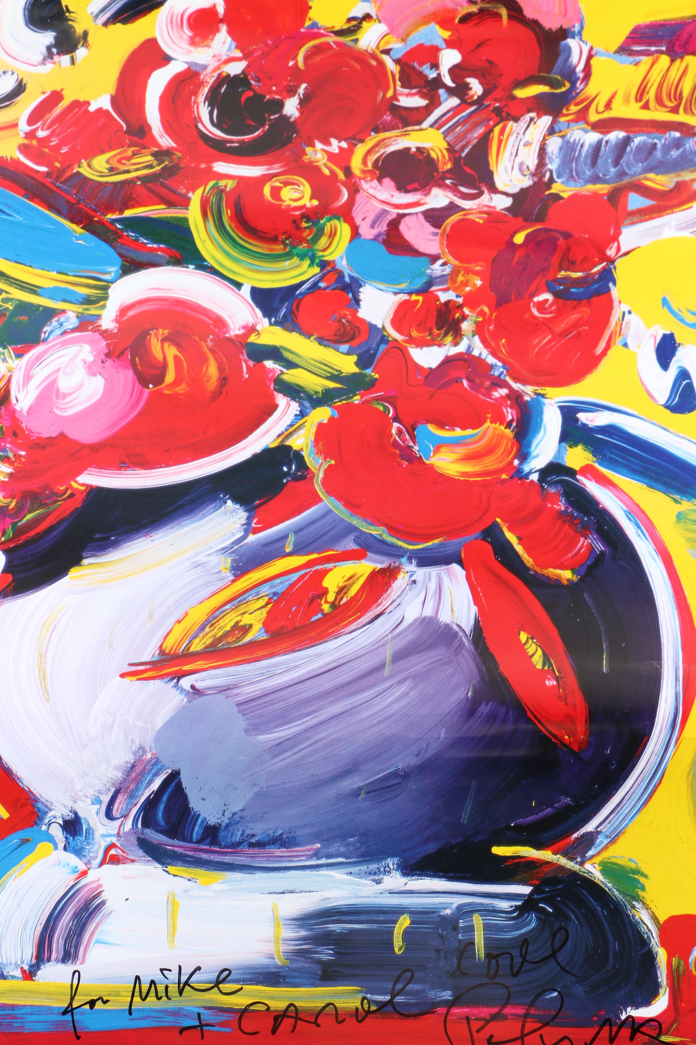Peter Max Offset Lithographic Poster "Flowers in Blue Vase II" With Personal Dedication