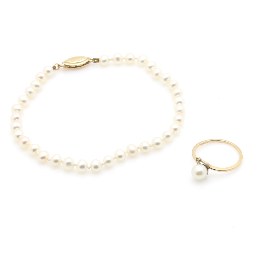 14K Yellow Gold Pearl Bracelet and Pearl Diamond Ring