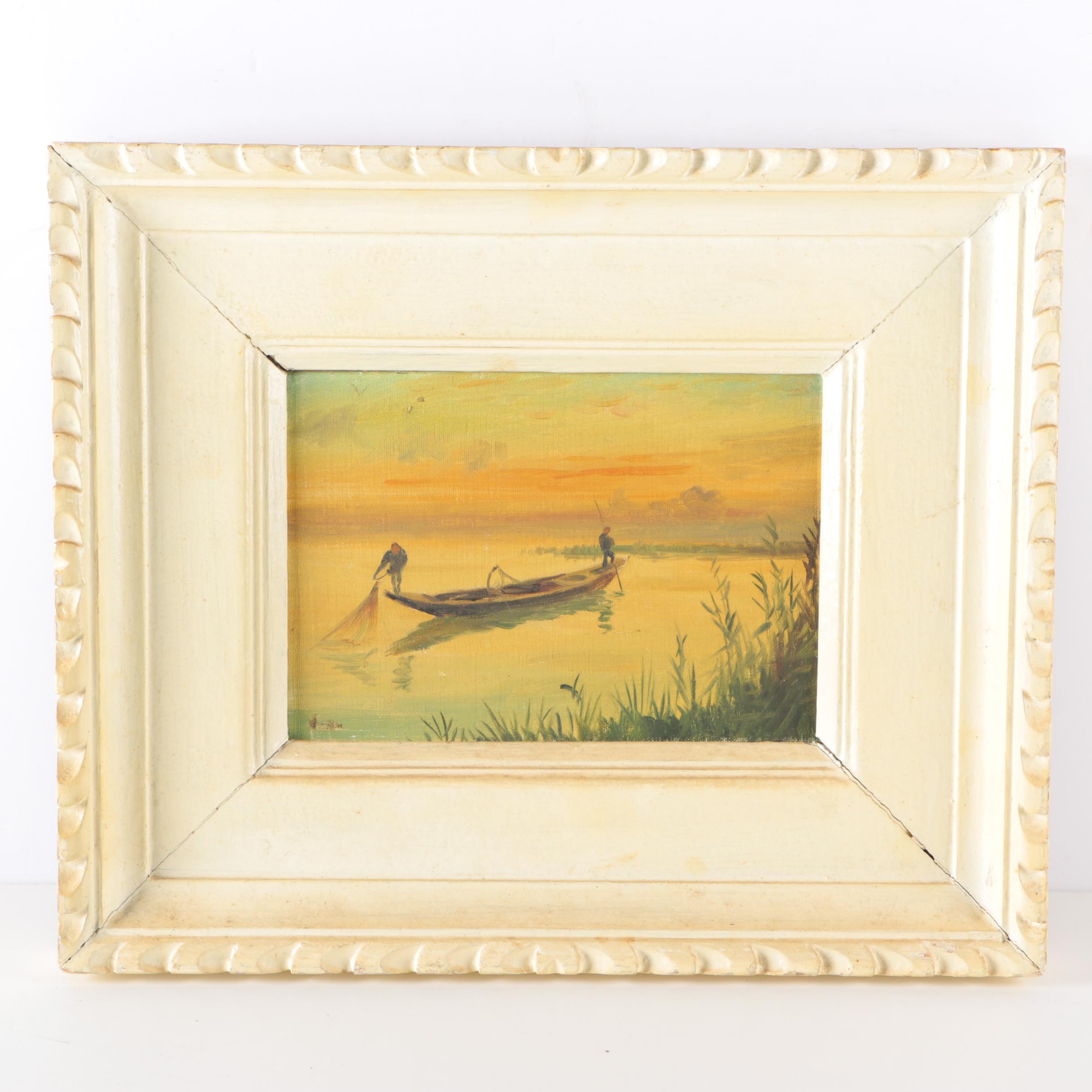 Oil Painting on Canvas of Two Men Fishing