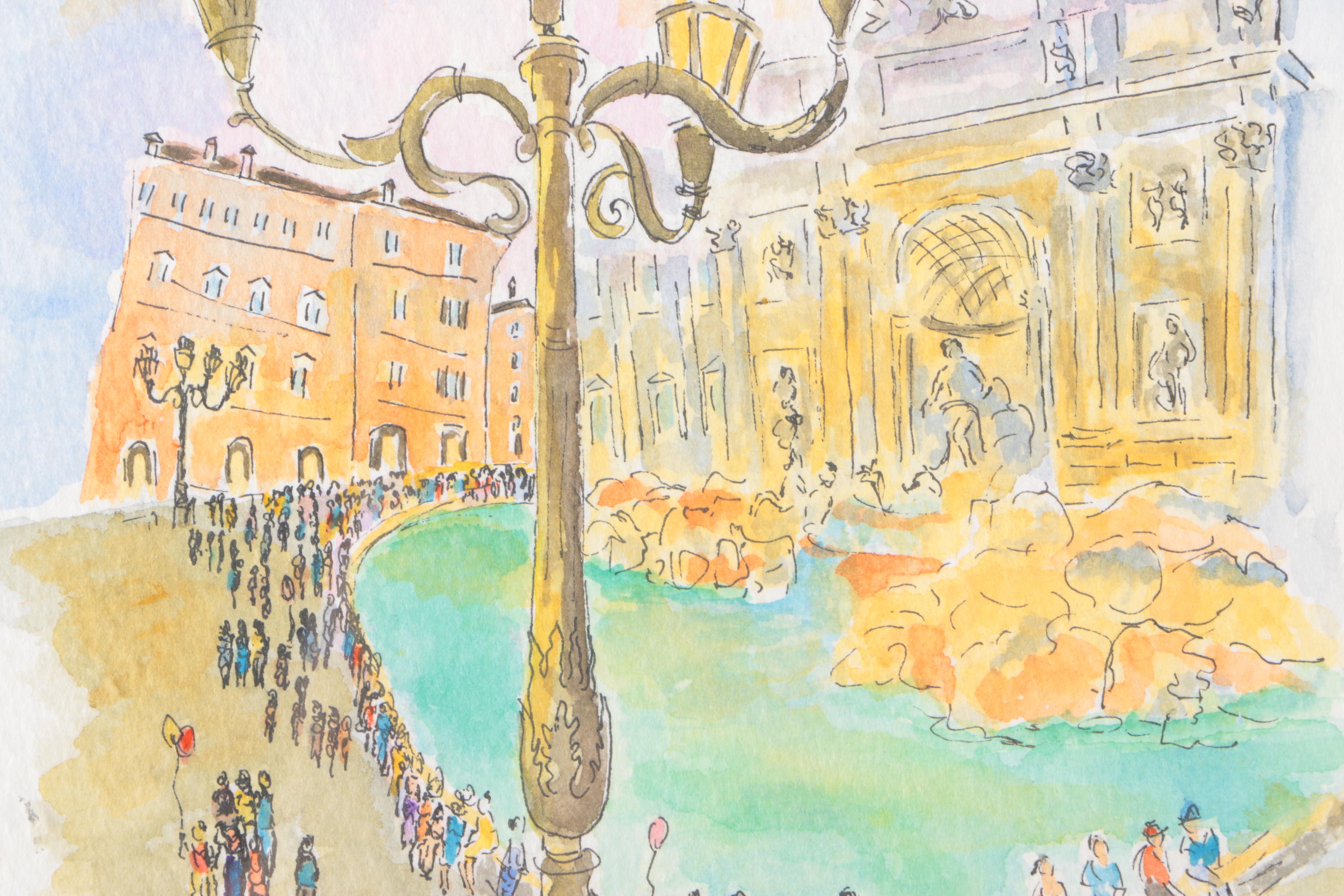 2001 Lora Williams Ink and Watercolor "Fontana di Trevi, Roma"