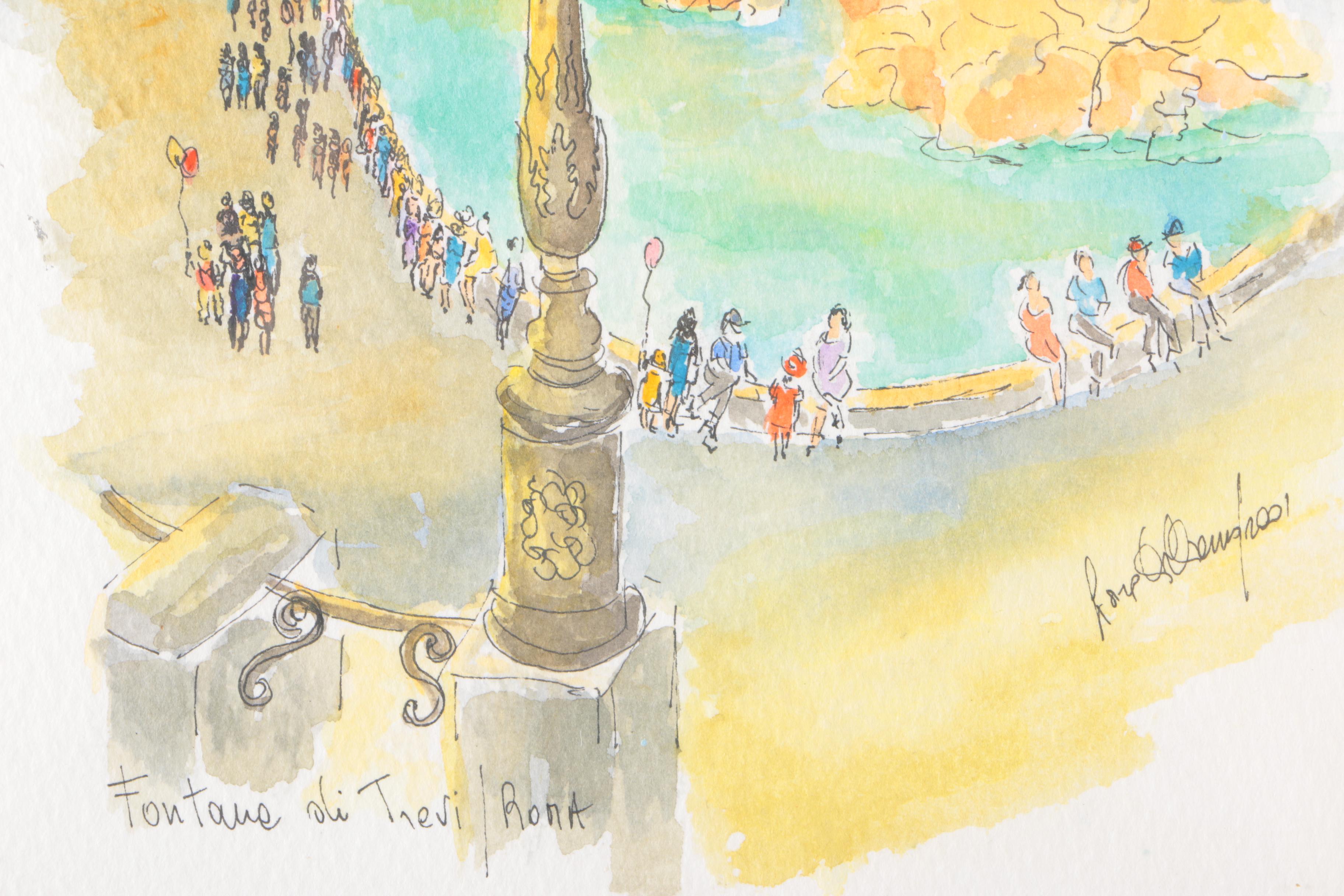 2001 Lora Williams Ink and Watercolor "Fontana di Trevi, Roma"