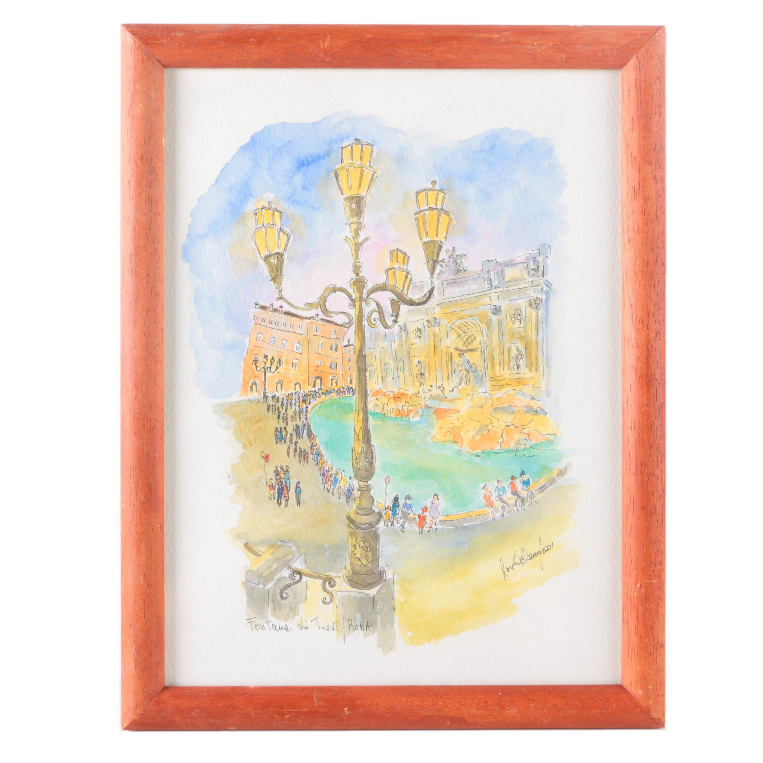 2001 Lora Williams Ink and Watercolor "Fontana di Trevi, Roma"