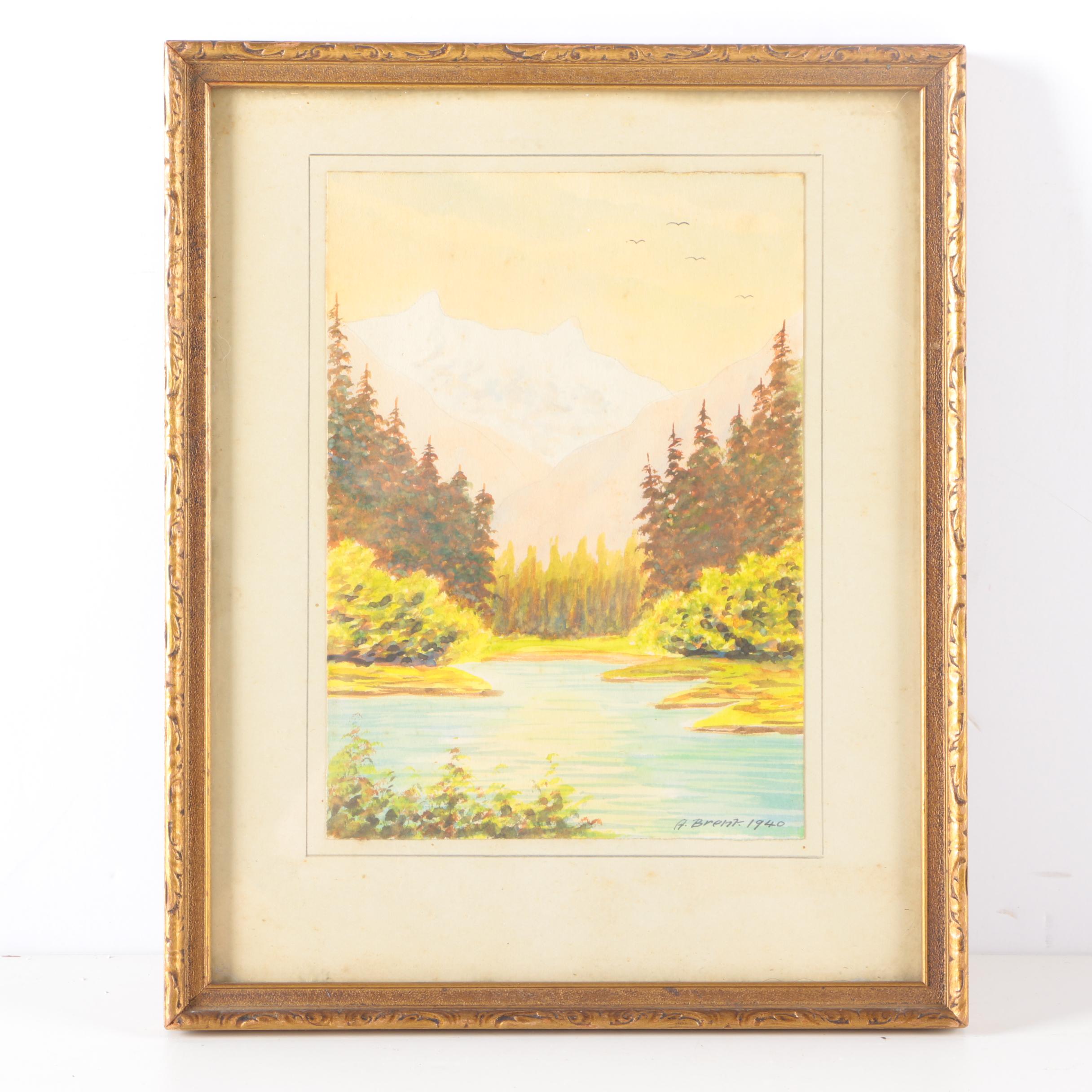 A. Brent Watercolor Painting on Paper of Landscape