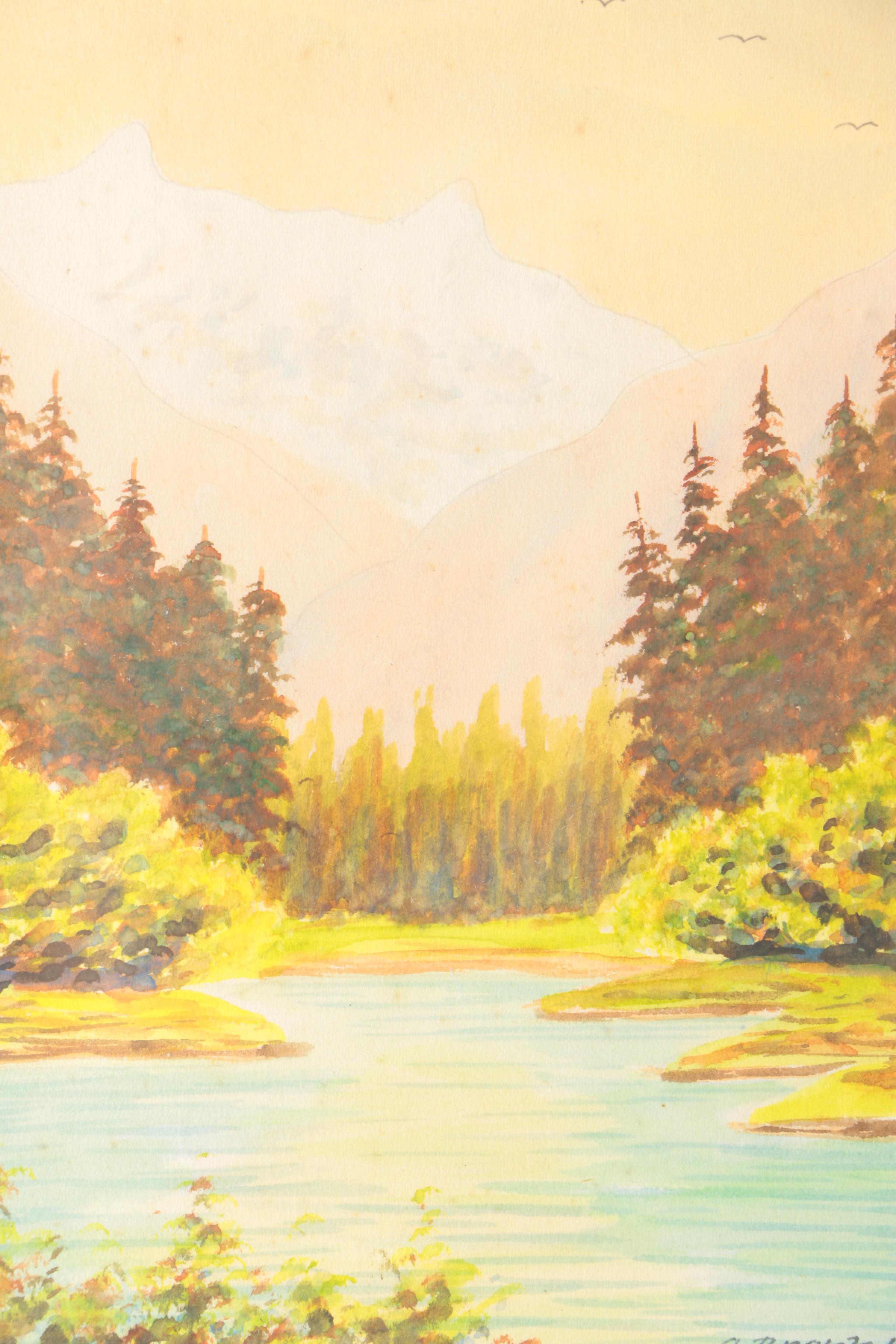 A. Brent Watercolor Painting on Paper of Landscape