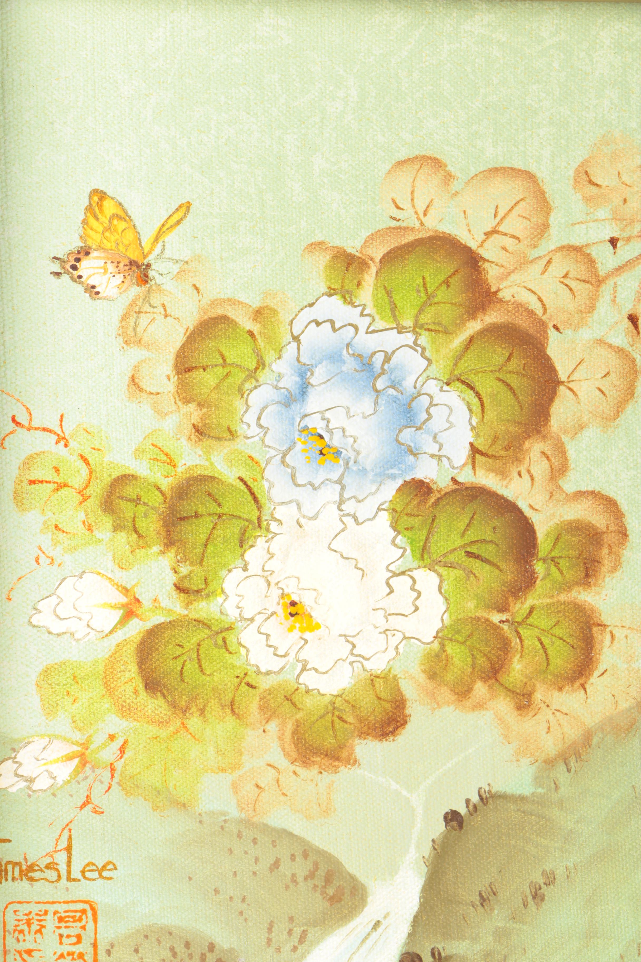 James Lee East Asian Style Acrylic Painting on Canvas of Flowers