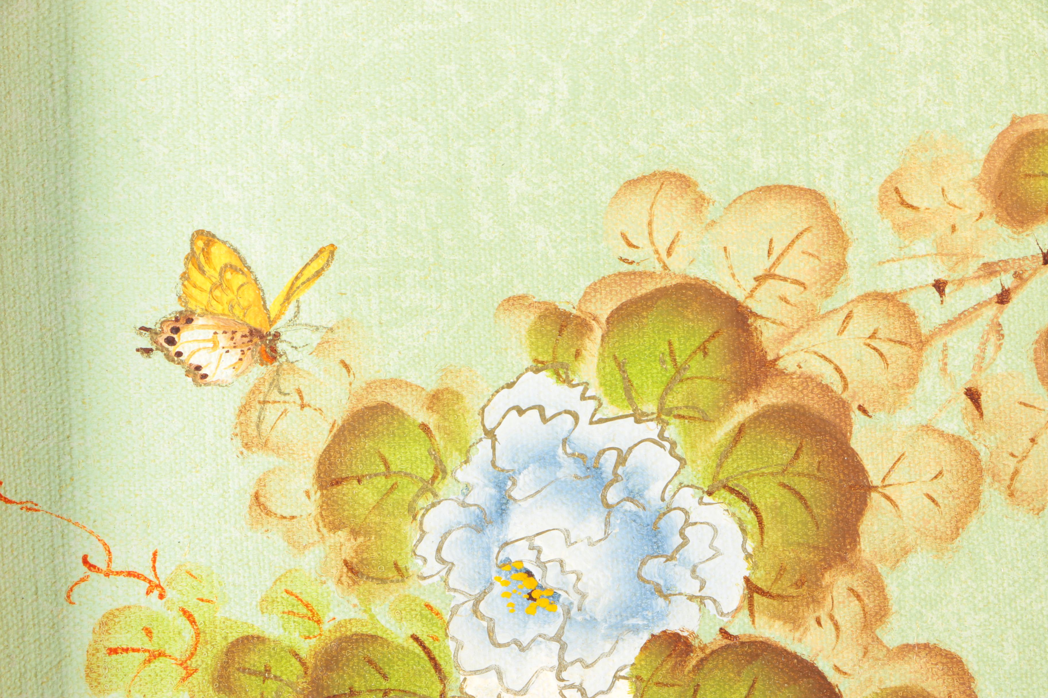 James Lee East Asian Style Acrylic Painting on Canvas of Flowers