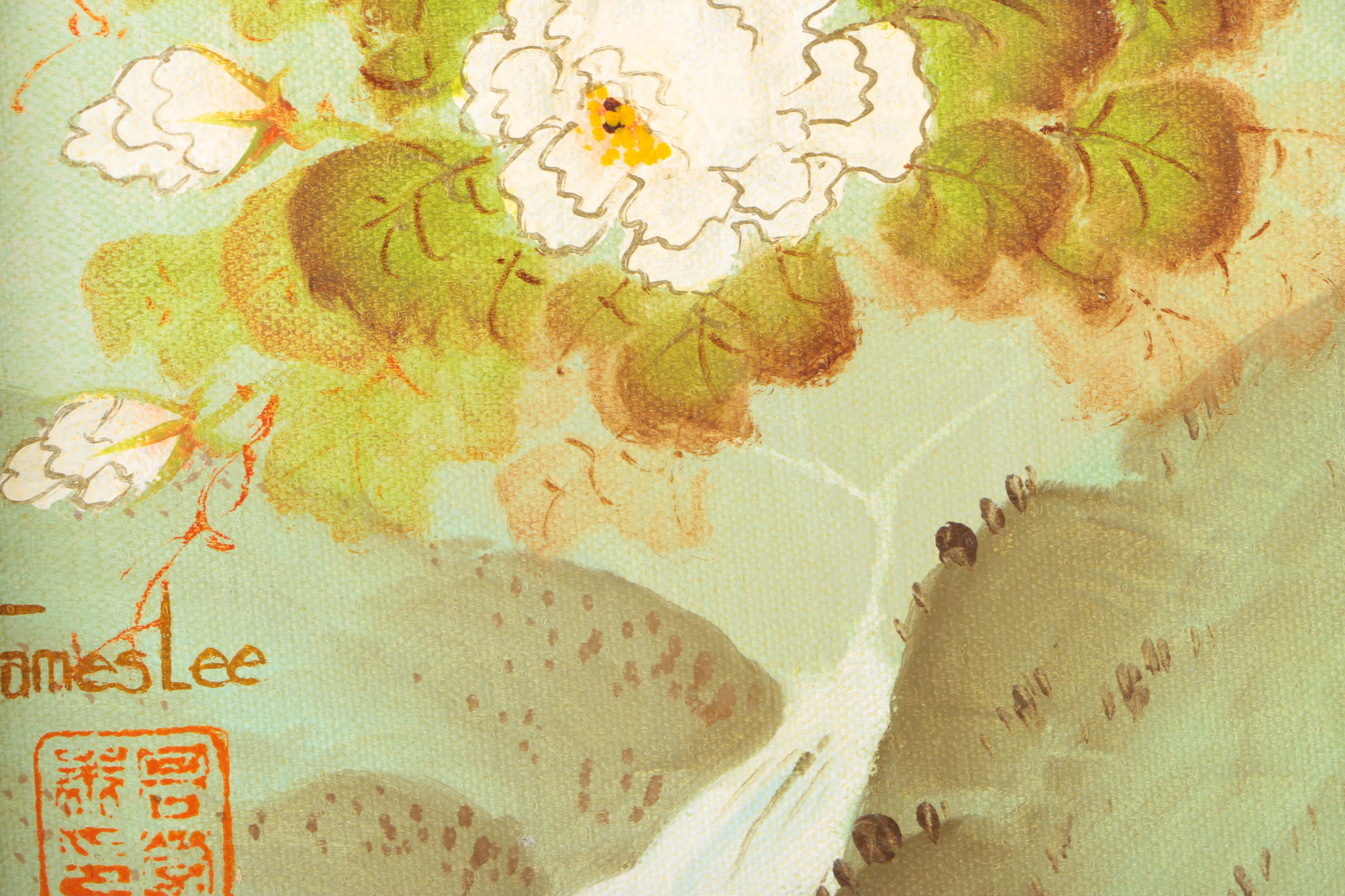 James Lee East Asian Style Acrylic Painting on Canvas of Flowers