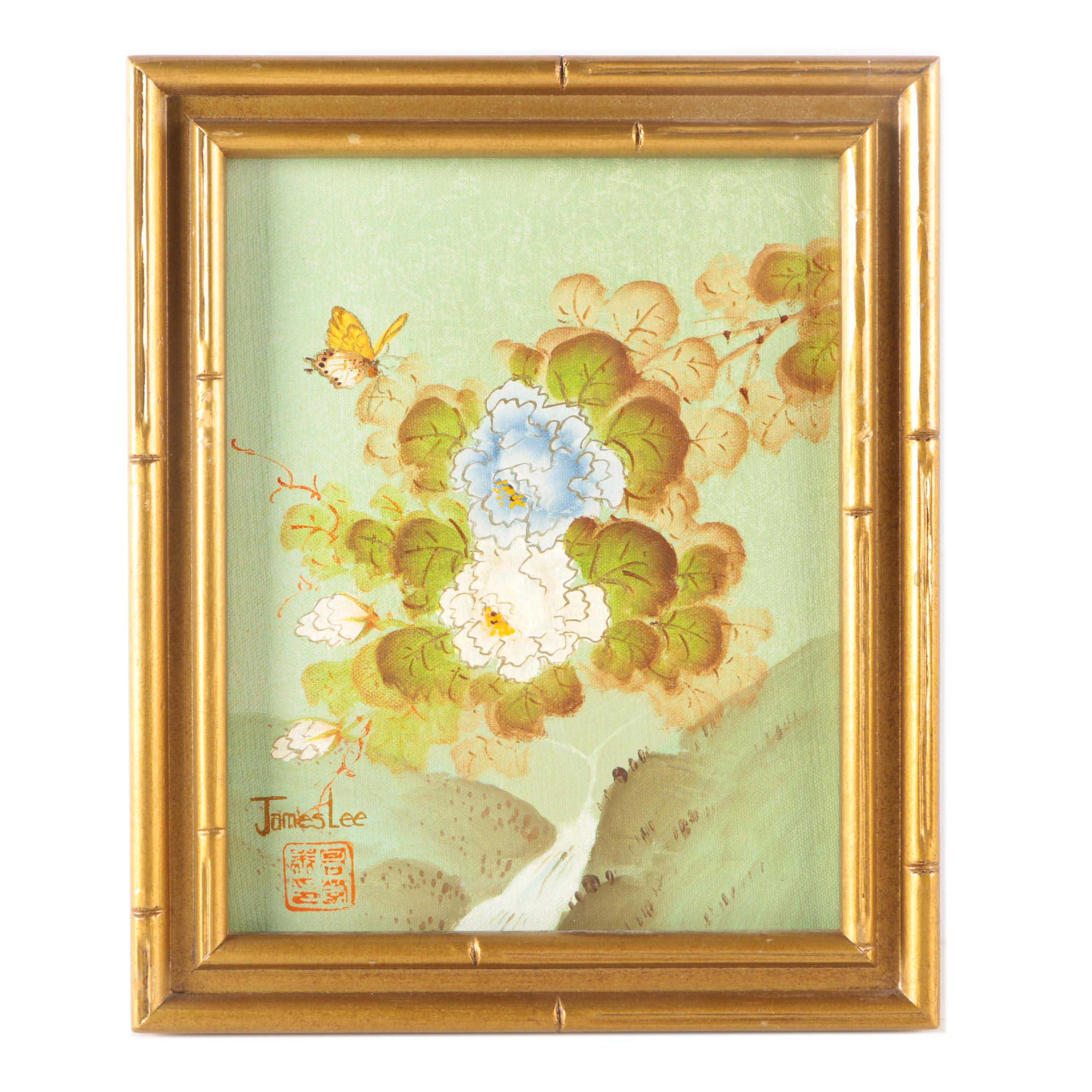 James Lee East Asian Style Acrylic Painting on Canvas of Flowers