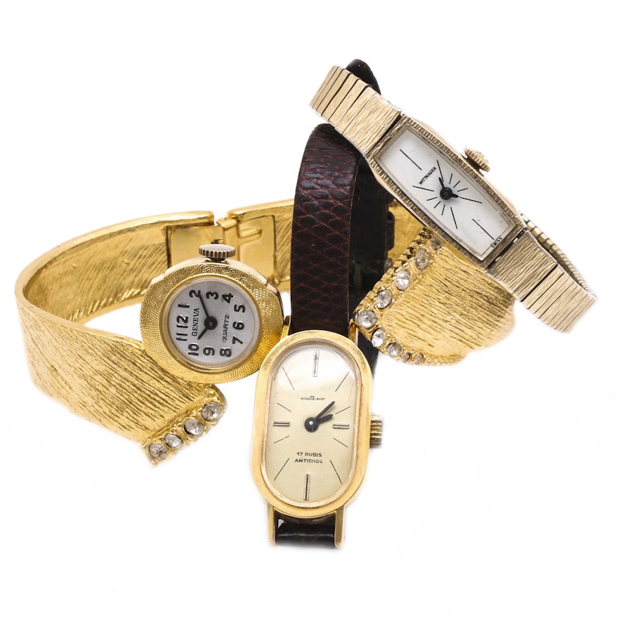 Gold Tone Wristwatch Assortment Including Geneva