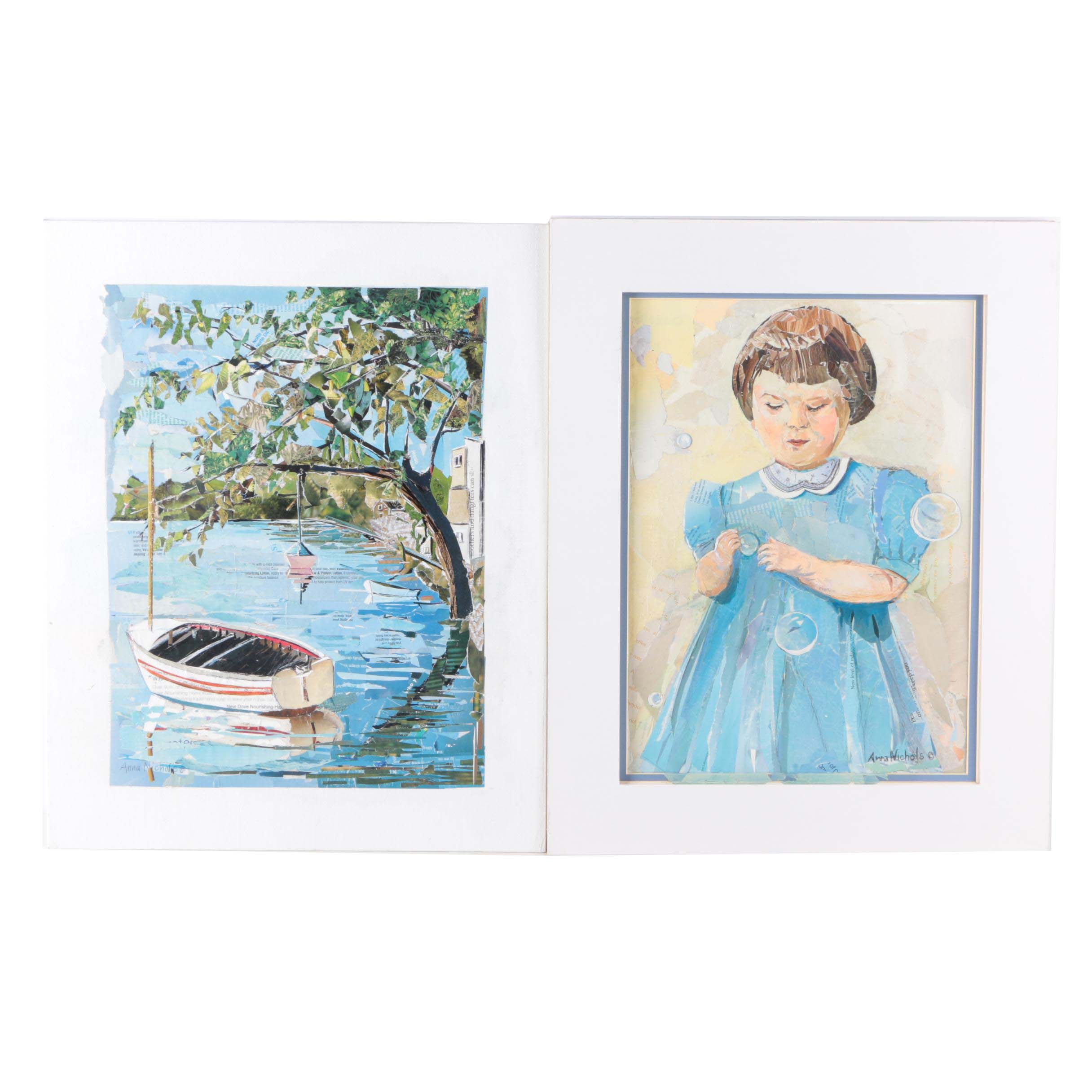 2004-06 Anna Nichols Paper Collages "Thameside at Chiswick" and "Anna's Bubbles"