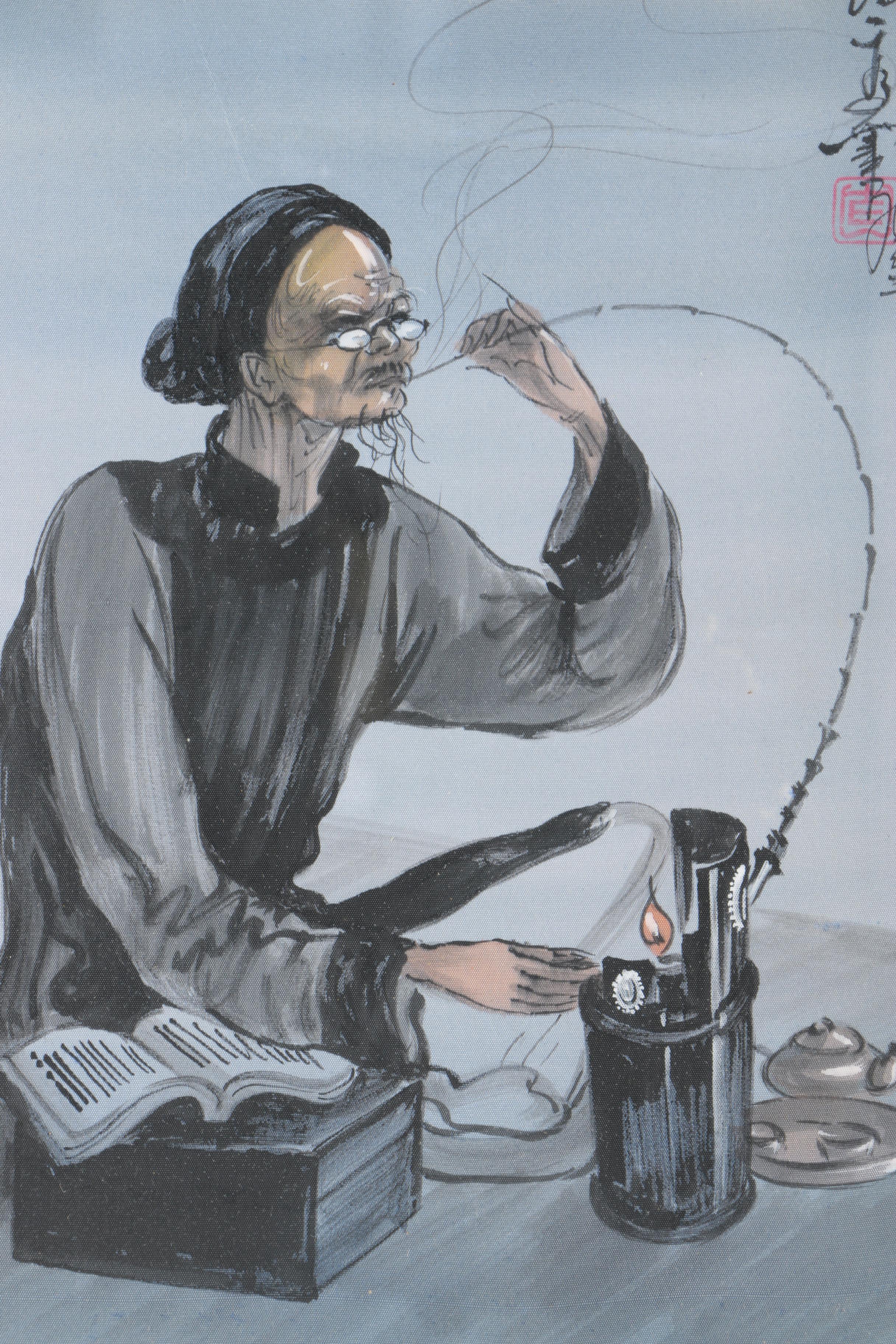 East Asian Gouache on Silk of a Smoking Elder